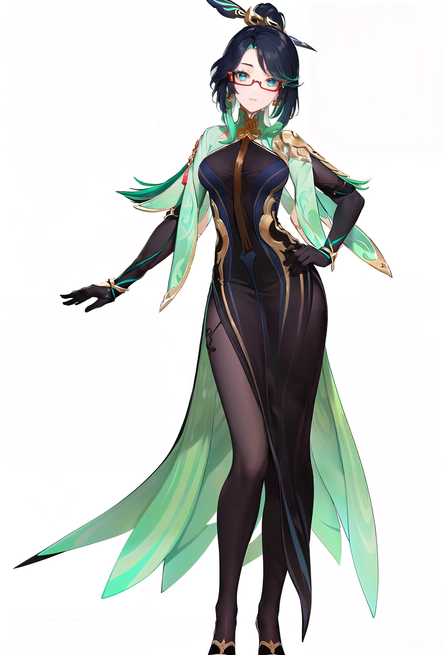 8k, best quality, masterpiece, (ultra-detailed:1.1), (high detailed skin),
(full body:1.2), white background, standing, looking at viewer, (solo:1.4), hand on hip,
<lora:xianyun-v100:0.8:lbw=OUTALL>, xianyun, 1girl, ponytail, chinese clothes, (hair stick:1.2), hair ornament, glasses, jewelry, earrings, multicolored hair, black hair, dress, standing, gloves, green hair, red-framed eyewear, black pantyhose,
(white background, simple background:1.5),
(beautiful_face), ((intricate_detail)), clear face,
((finely_detailed)), fine_fabric_emphasis,
((glossy)), full_shot