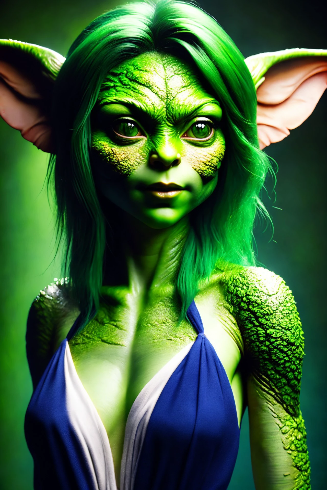 cute gremlin girl with green skin, stanleylau style, realistic, realistic, upper body, mewel style,
([lana rhoades|lana rhoades|krystal boyd]:0.9), 21 year old, 
, alluring, attractive, amazing photograph, masterpiece, best quality, highres,
 <lora:gremlin_girl_1:1>