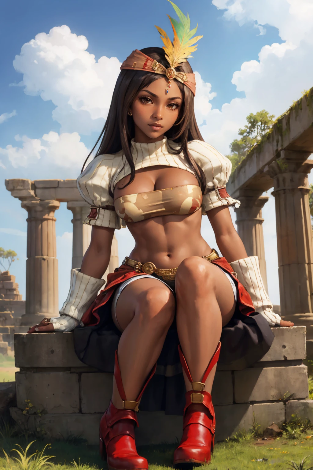 masterpiece, best quality, <lora:ff9lani-nvwls-v1-000009:0.9> ff9lani, dark skin, bandana, feather hair ornament, turtleneck, cleavage, puffy sleeves, bandeau, red overskirt, short shorts, fingerless gloves, large breasts, jungle, ancient ruins, red boots