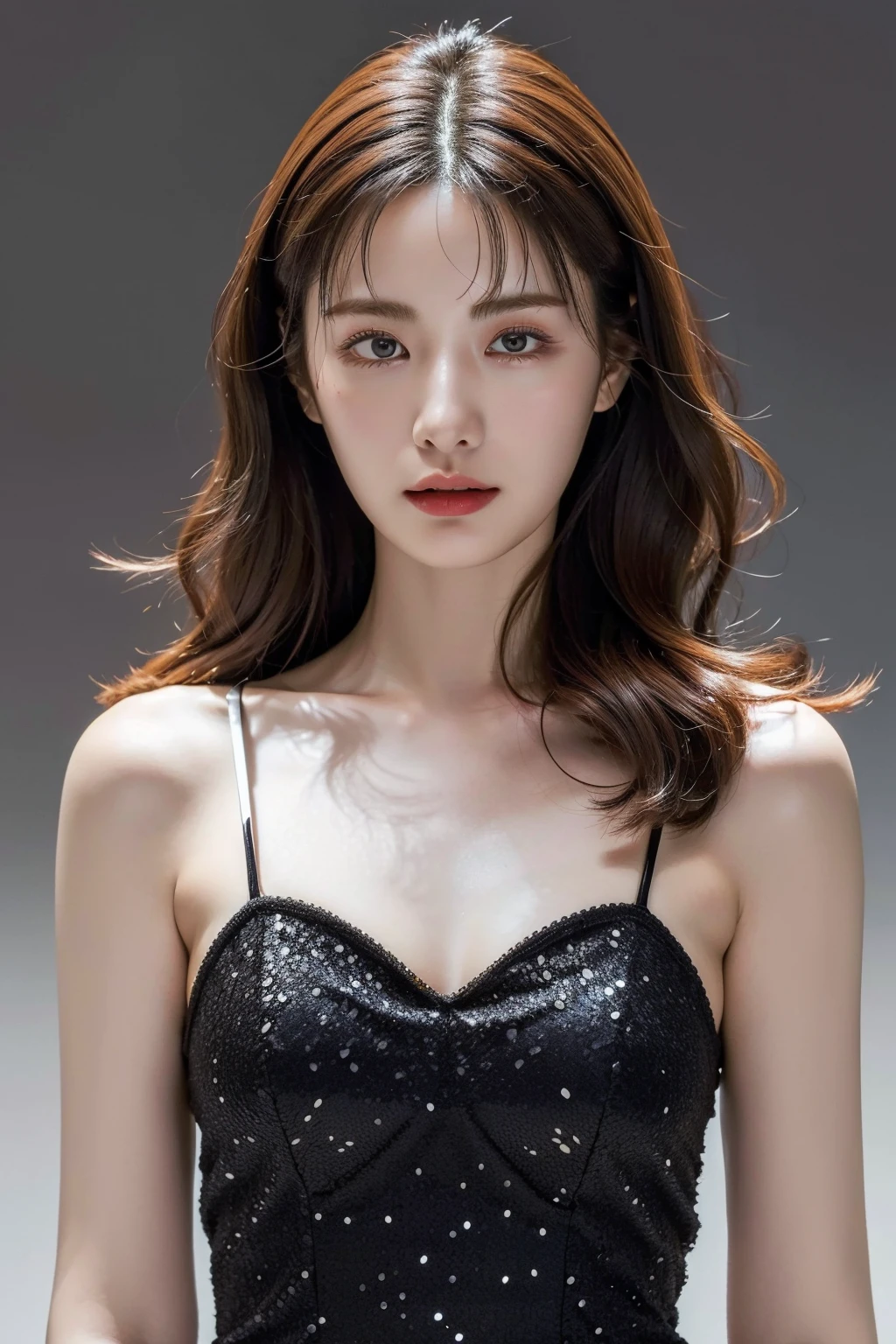 Best quality, masterpiece, ultra high res, (photorealistic:1.4), raw photo,1girl, solo, realistic, looking at viewer, upper body,simple gray background, formal dress, <lora:makina69_nana_v1.0:1>