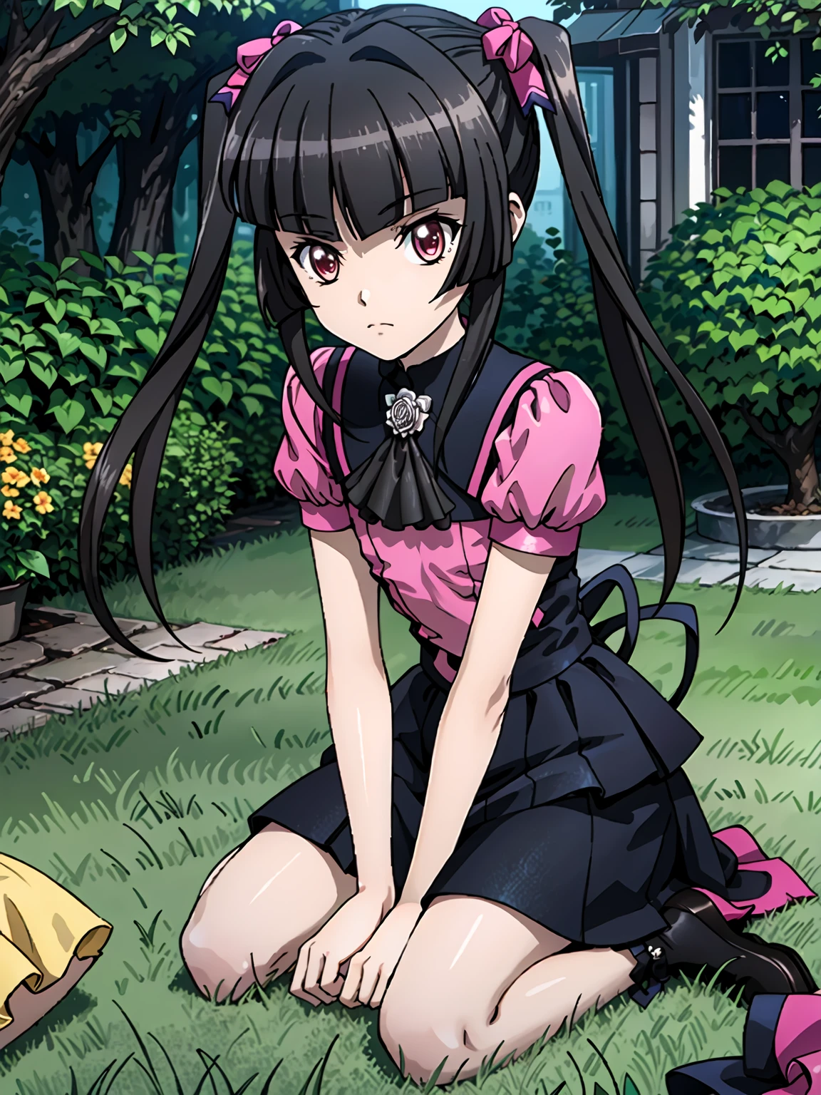 best quality, extremely detailed cg, full body, two-toned frilled outfit, 2013 hair ribbons, brooch, pigtails, puffy short sleeves, shirabe, on all fours, garden, <lora:G-ShirabeV3:1>