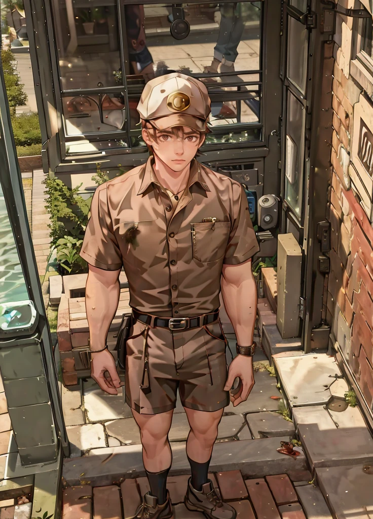 masterpiece,best quality, <lora:Luke_Pearce:1>,Luke_Pearce, <lora:Clothing - Sexy Delivery Man - UPS:0.7>,ups-outfit,shorts,collared shirt/polo shirt,hat,belt,shoes