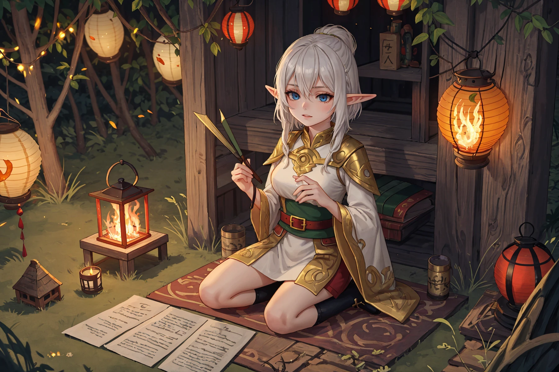 1girl, elf, tomboy,
fire, sitting on floor, Paper lantern, fantasy, fantasy clothes, adventurer, class: summoner
white sleek hair hair