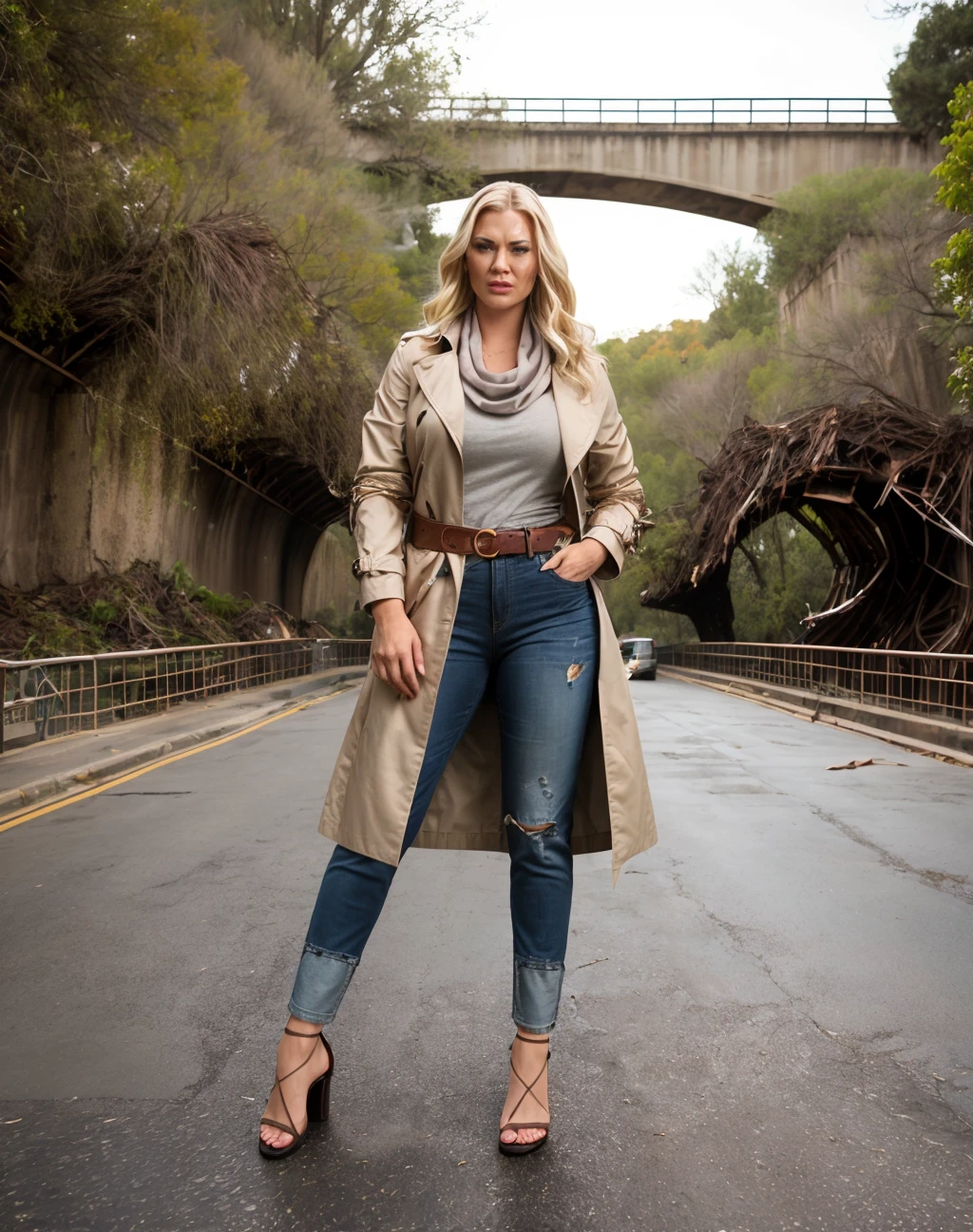 cinematic photo Marvel Cinematic Universe realistic, hdr, 4k, Sitting, a woman wearing an expensive Belted trench coat in a classic camel color grey and Zimmermann: Floral dress, Goldie sandal, crumbled overpass, collapsed pillars, tangled debris, broken pathways, <lora:quiron_JasmineJae_v1_lora:0.57> JasmineJaeQuiron woman cosplaying lady Thor, . Superheroes, epic battles, colorful, highly detailed . 35mm photograph, film, bokeh, professional, 4k, highly detailed, realistic, a woman Paddleball wearing Cowl neck sweater and Boyfriend jeans: Relaxed, loose-fitting jeans with a slouchy, casual look.,
