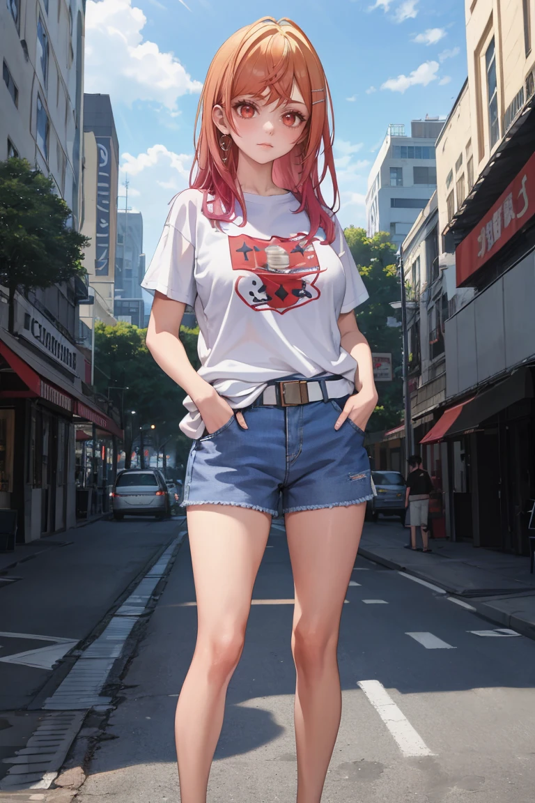 masterpiece, best quality, absurdres, IchijouRirika, t-shirt, denim shorts, standing, outdoors, city, hands in pockets, <lora:IchijouRirika:1>