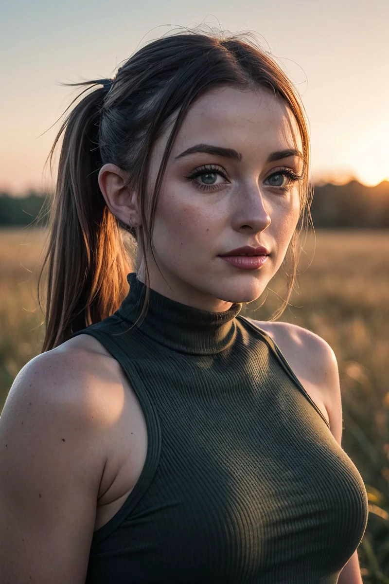 portrait of S268_DanniRivers,a gorgeous woman,in a (field:1.1),wearing a (tunic:1.1),(pigtails),(sunset),(4k, RAW photo, best quality, depth of field, ultra high res:1.1),(absurdres, intricate, photorealistic, masterpiece, ultra-detailed:1.2),
