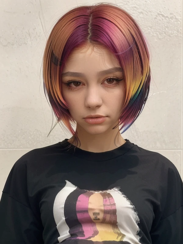 gquality, <lora:taichu:1> taichu, 1girl, solo, simple background, short hair, closed mouth, multicolored hair, upper body, realistic, gradient hair, looking to the side, eyeliner, black shirt, shirt