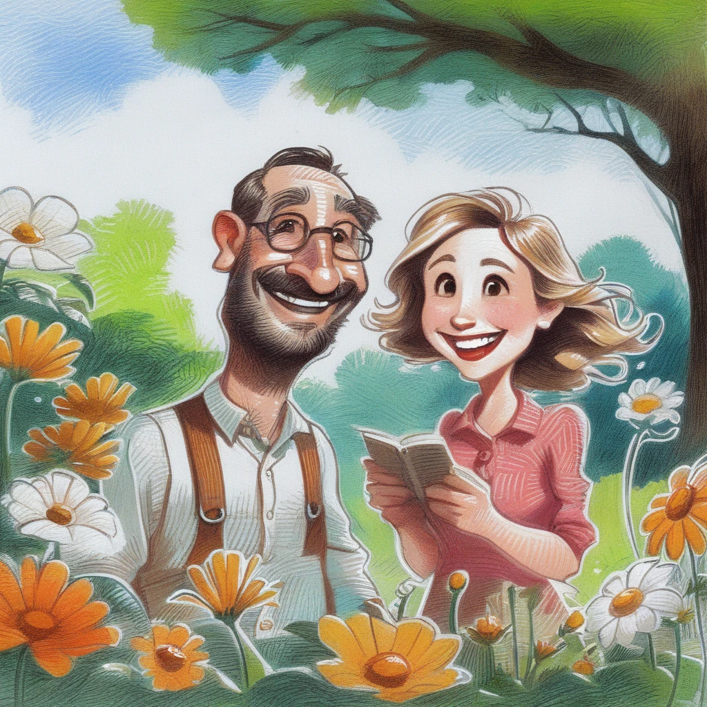 drawix5 drawing lovers, cheerful woman and man in the garden <lora:drawix5:1>