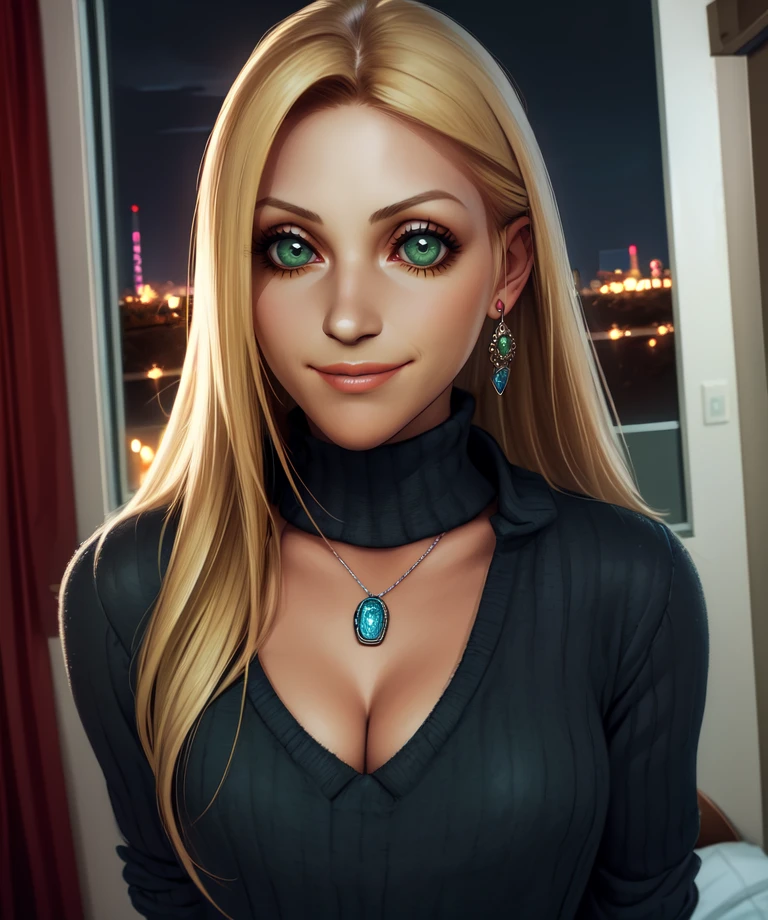 ellen,green eyes,blonde hair,long hair,
sweater,necklace,small red earrings,cleavage,
standing,smile,
bedroom,night,
(insanely detailed, beautiful detailed face,beautiful detailed eyes, masterpiece, best quality)   solo,<lora:ellen:0.8>,