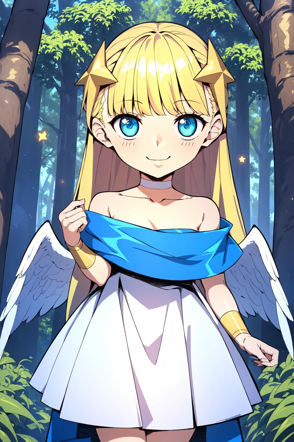 Michael, 1girl, solo, long hair, blonde hair, bangs, blue eyes, angel, angel wings, looking at viewer, smile, hair ornament, dress, choker, off shoulder, star (symbol), white dress, star hair ornament, off-shoulder dress, (chibi), closed mouth, outdoors, magic, 