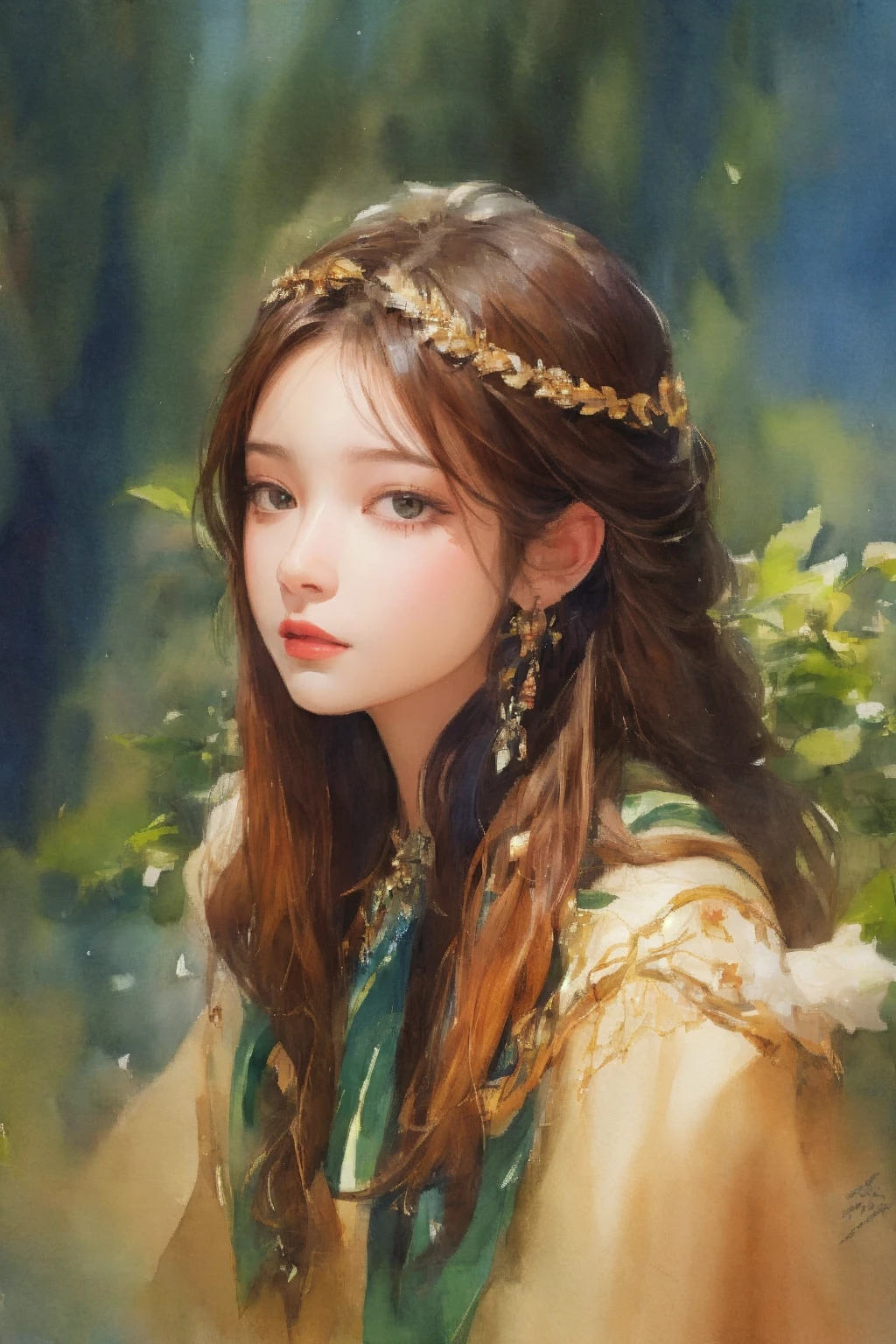 1 girl,  head and shoulders portrait,  long_hair,  portrait,  look at viewer,  (Sora WaterColor),  nature,<lora:EMS-247377-EMS:1.000000>