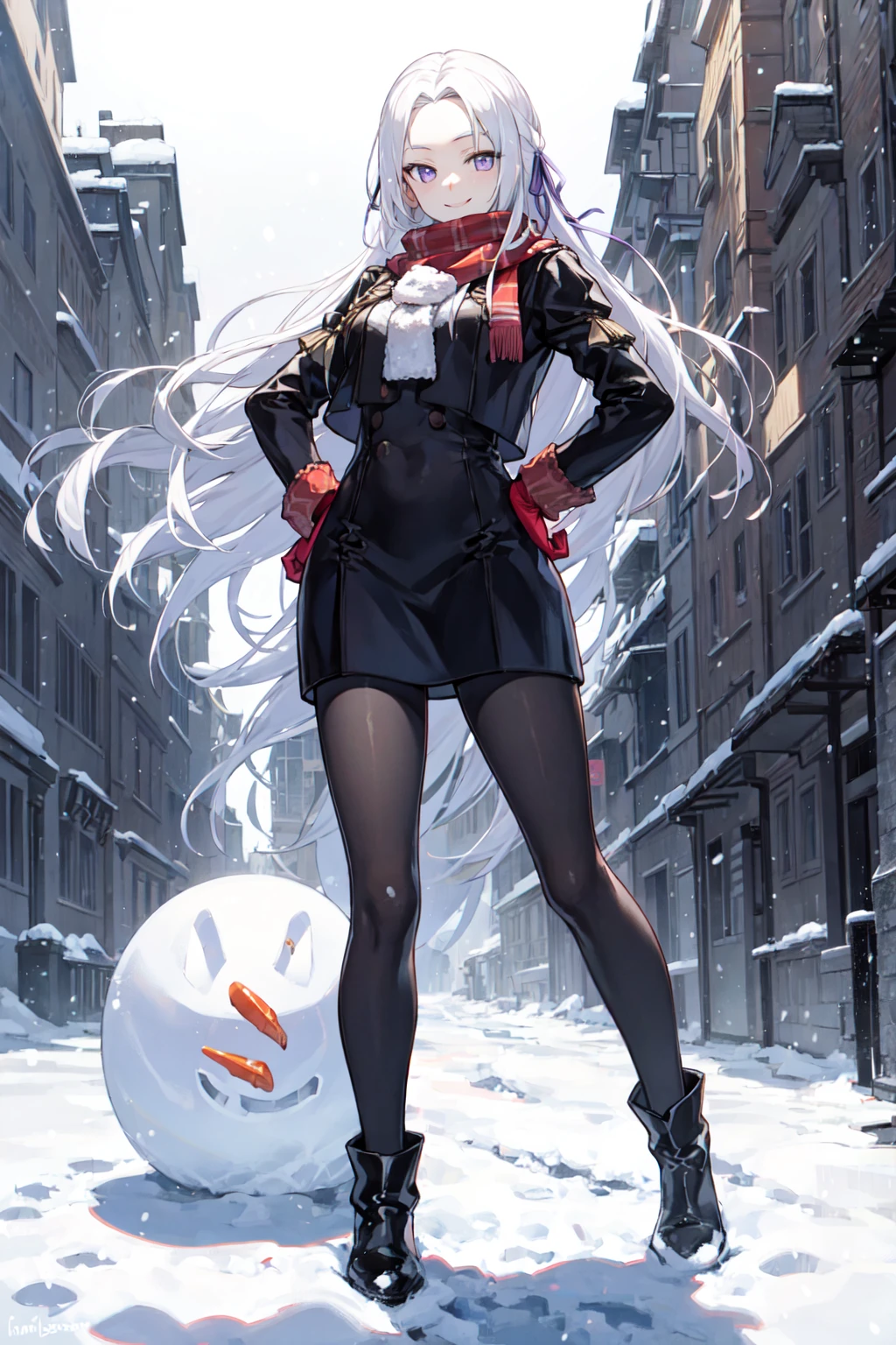 masterpiece, best quality, 1girl, white hair, purple eyes,forehead, parted bangs, long hair, hair ribbon, sweater,scarf,ear muffs, mittens, black pantyhose,boots, nice hands, perfect hands,outdoors, snow,snowman,feet out of frame, (upper body),smile,(hair flip),standing, hand on own hip,looking at viewer,face, facing viewer