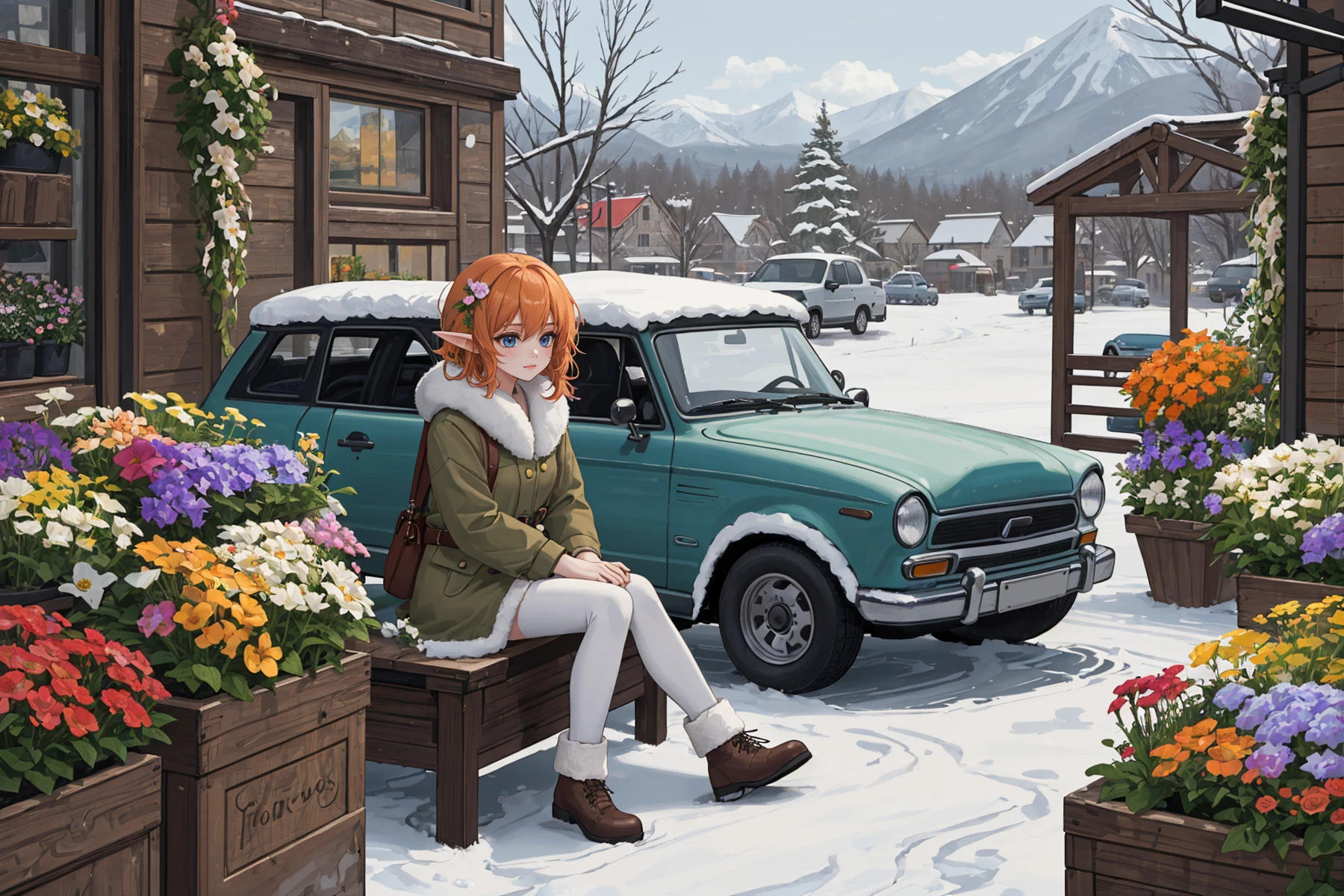 1girl, elf, tomboy,
fantastic scenery, flower shop, sitting on floor, feet, winter, cars
orange ringlets hair