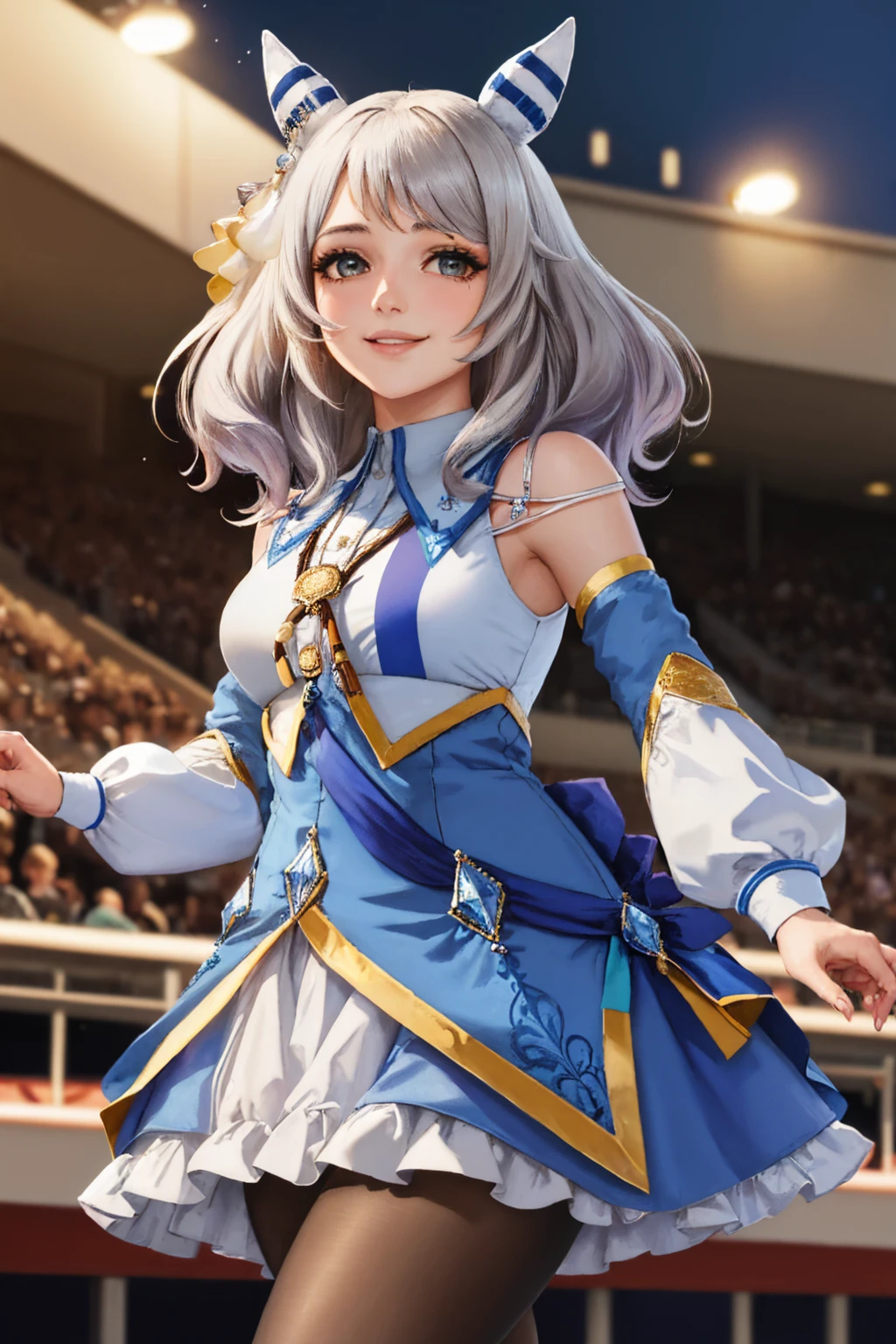 (masterpiece, best quality:1.2), solo, 1girl, hishi miracle, smile, looking at viewer, running, horse ears, hair ornament, dress, detached sleeves, pantyhose, horse tail, racetrack <lora:umamusume_hishimiracle-11:1>