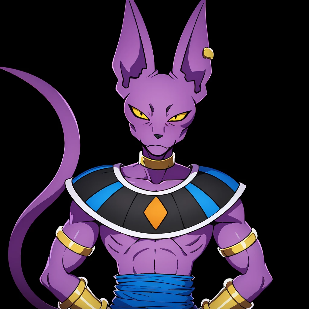 Best_QualityPos, RAW photo, intricate details, best quality, 8k uhd, soft lighting, 1boy, solo, black eyes, colored sclera, yellow sclera, animal ears, cat tail, colored skin, purple skin, collarbone, earrings, bracelet, jewelry, armlet, armband, choker, egyptian clothes <lora:Beerus:0.7>