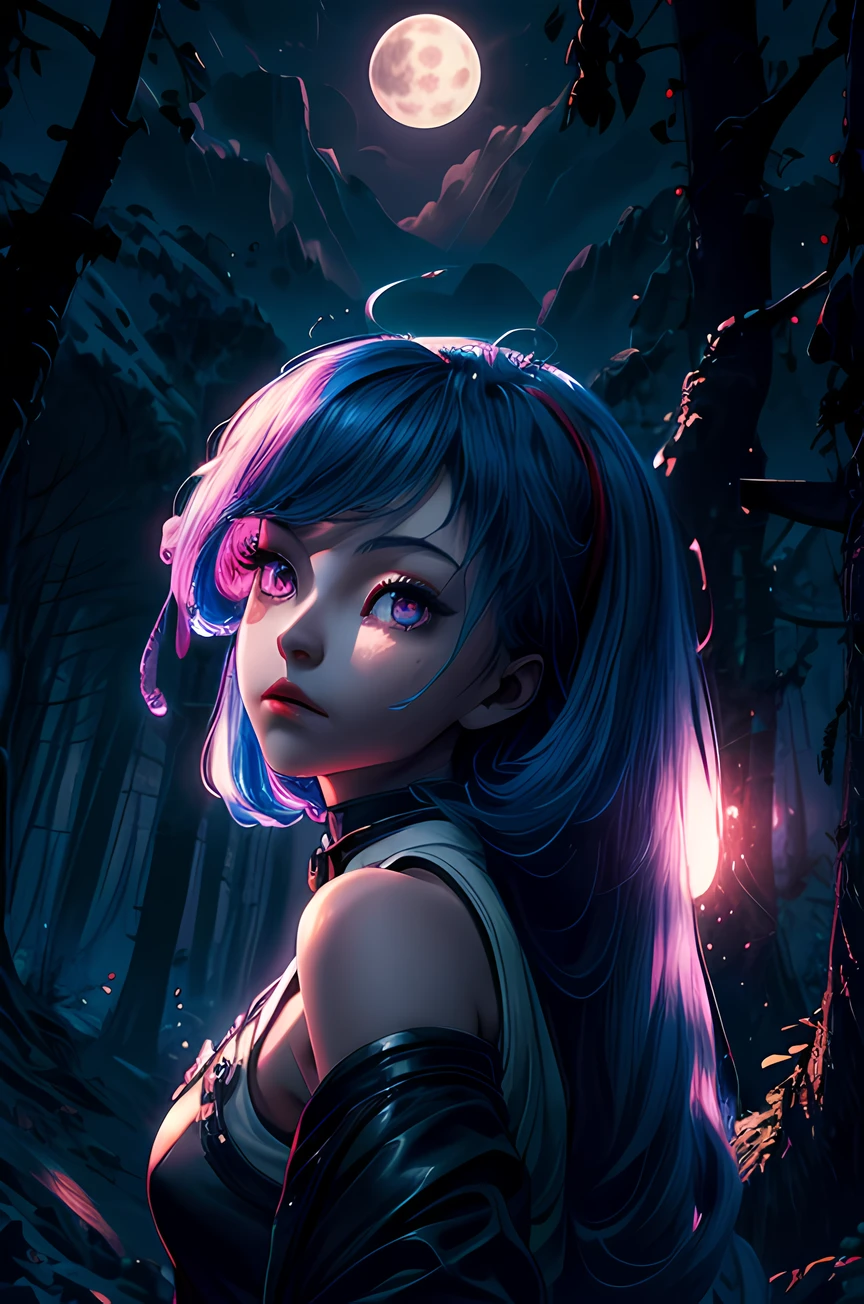 Chichi, blue hair, pink eyes,more_details:-1, more_details:0, more_details:0.5, more_details:1, more_details:1.5
beautiful, masterpiece, best quality, extremely detailed face, perfect lighting, DarkFantasy-700, moon, fog, full moon, scenery, torii, night, sky, tree, 1girl, long hair, outdoors, cloud, spirit, moonlight, mountain, glowing, nature, ghost, forest, cloudy sky, night sky,