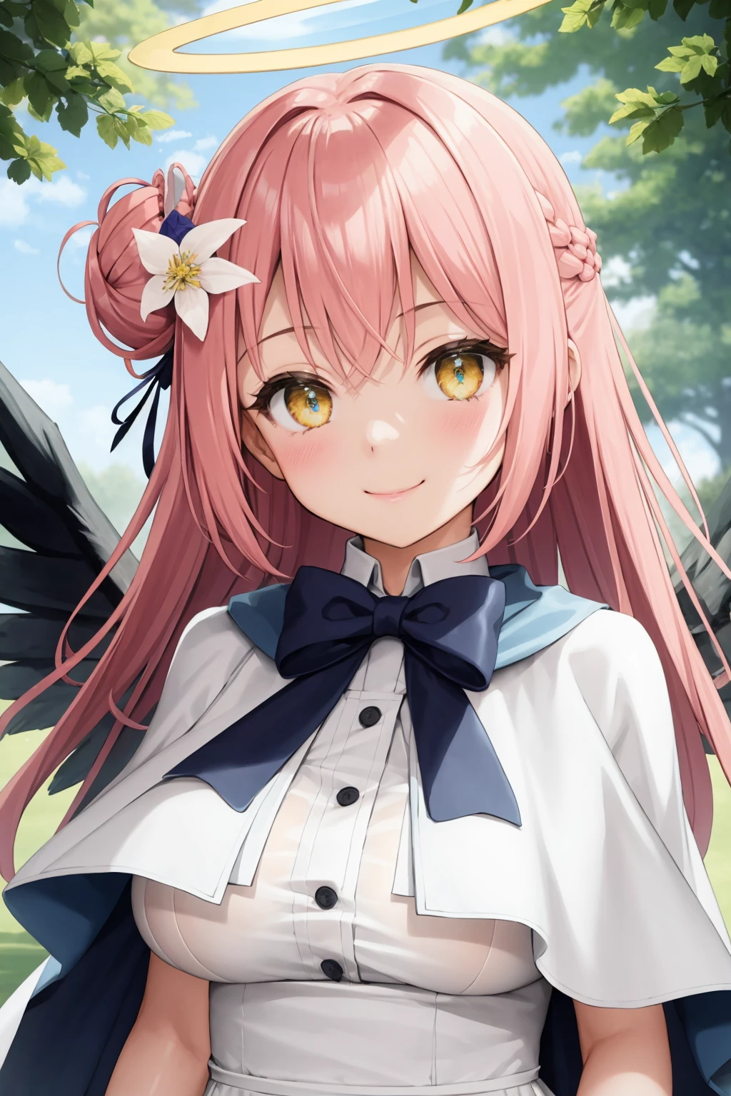 (best quality)(masterpiece), (ultra detailed), (highres), production art,
1girl, solo, pink hair, halo, wings, long hair, dress, hair bun, single side bun, looking at viewer, white dress, hair ornament, capelet, yellow eyes, breasts, scrunchie, wrist scrunchie, smile, blush, hair flower, bow, flower, white wings, blue bow, white capelet, bangs, angel wings, steepled fingers, heart, closed mouth, feathered wings, upper body, medium breasts,<lora:SilvermoonMix01_V71:1>