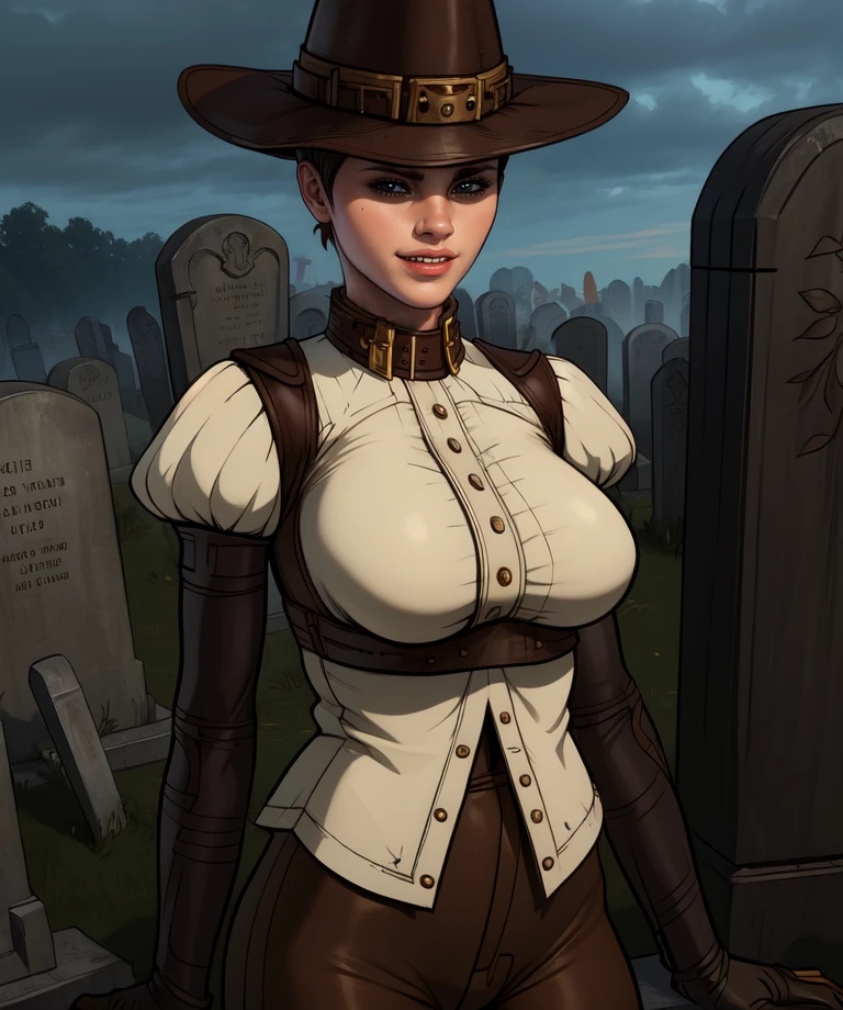 jackwh,lips,brown eyes,very short hair,
hat,elbow gloves,leather armor,white shirt,brown pants,brown collar,
standing,upper body,smile,
graveyard,
(insanely detailed, beautiful detailed face,beautiful detailed eyes, masterpiece, best quality),<lora:jackWH:0.8>,