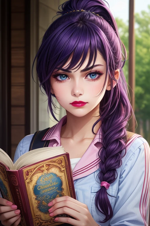 beautiful detailed portrait, cute 19 year old schoolgirl, long lush purple hair, ponytail, blue hairpin, book in hand, frowning, beautiful detailed face, dark expressive eyes, pink lipstick, glamorous, best quality, extemely detailed