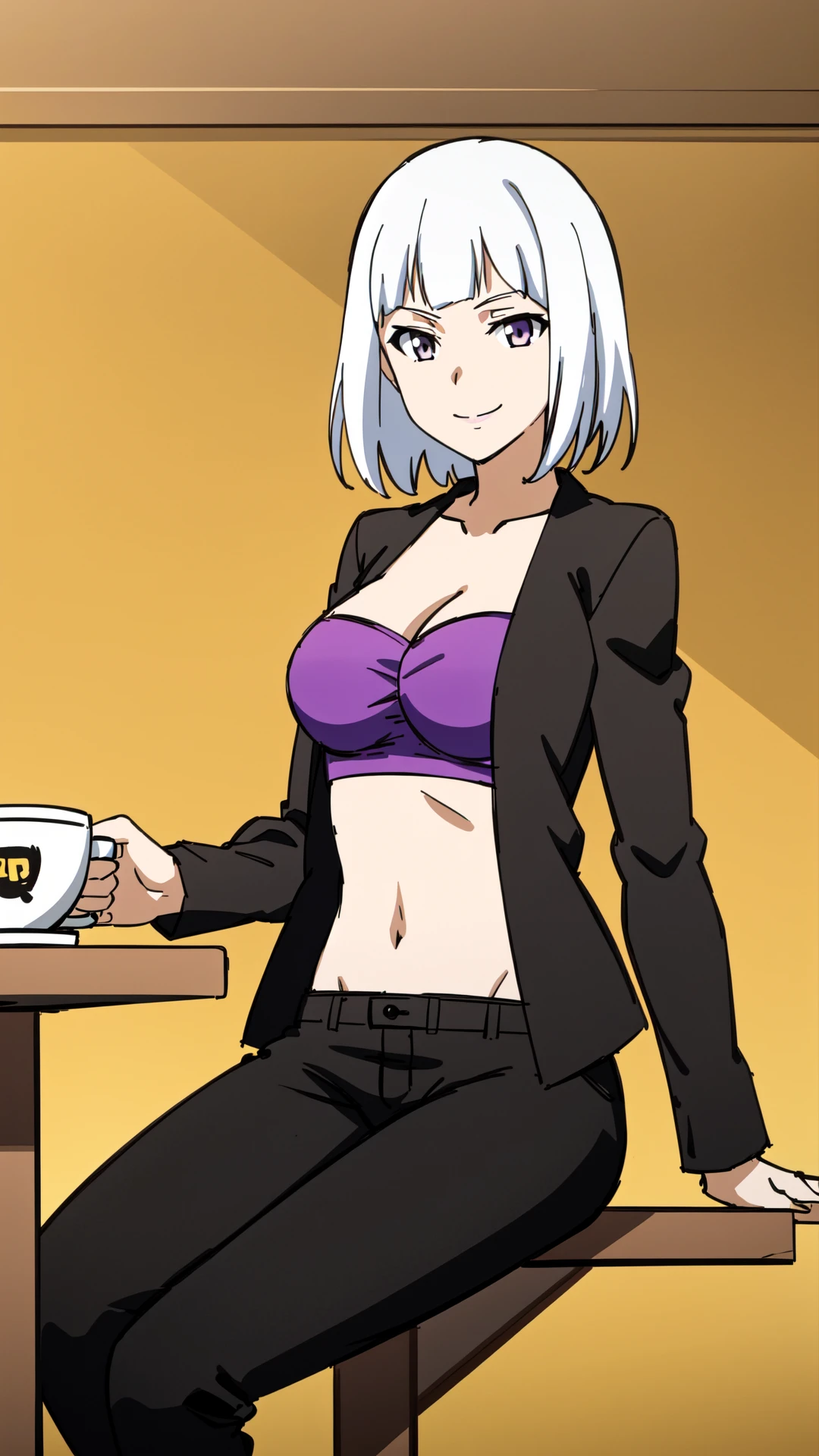 anime,  shafen, 1woman, white hair, ((silver eyes)), smiling, black jacket, purple bra top, midriff, black pants, sitting in a café, with a cup of coffee, 8k, 16k, trending on pixiv, fanbox, skeb, masterpiece, detailed face, digital painting, café background, <lora:shafen:0.7>