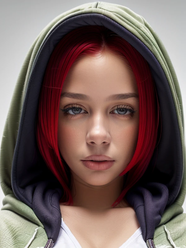 gquality, <lora:taichu:1> taichu, 1girl, solo, simple background, looking at viewer, short hair, red hair, portrait, parted lips, realistic, hood up, hoodie