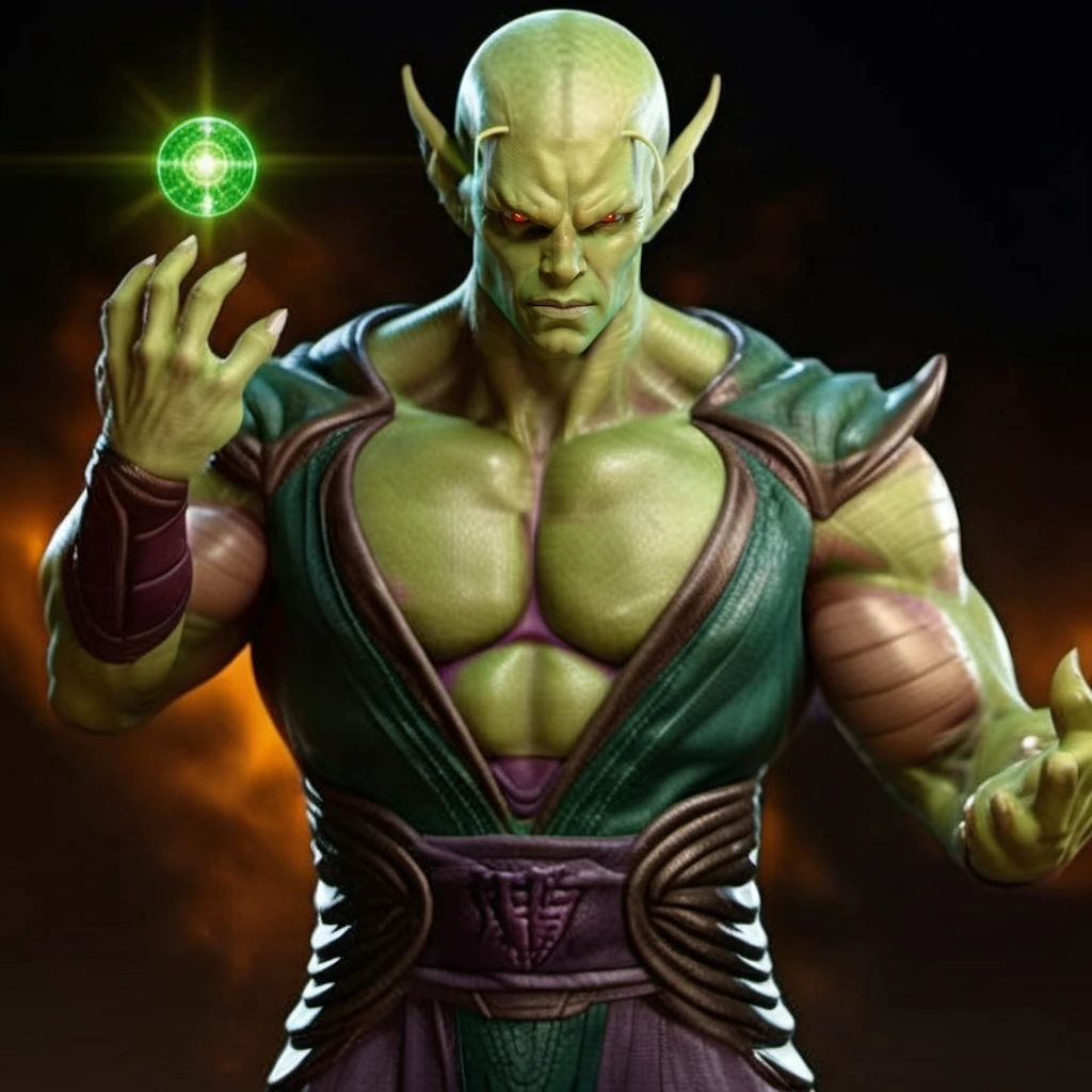 a muscular alien with green skin ,casting a powerfull spell, dramatic ball lightning from hands, , dragon,  highly detailed, photography, ultra sharp, film, bokeh, professional, 64k <lora:add-detail-xl:1.5>  <lora:Piccolo1024:0.8>