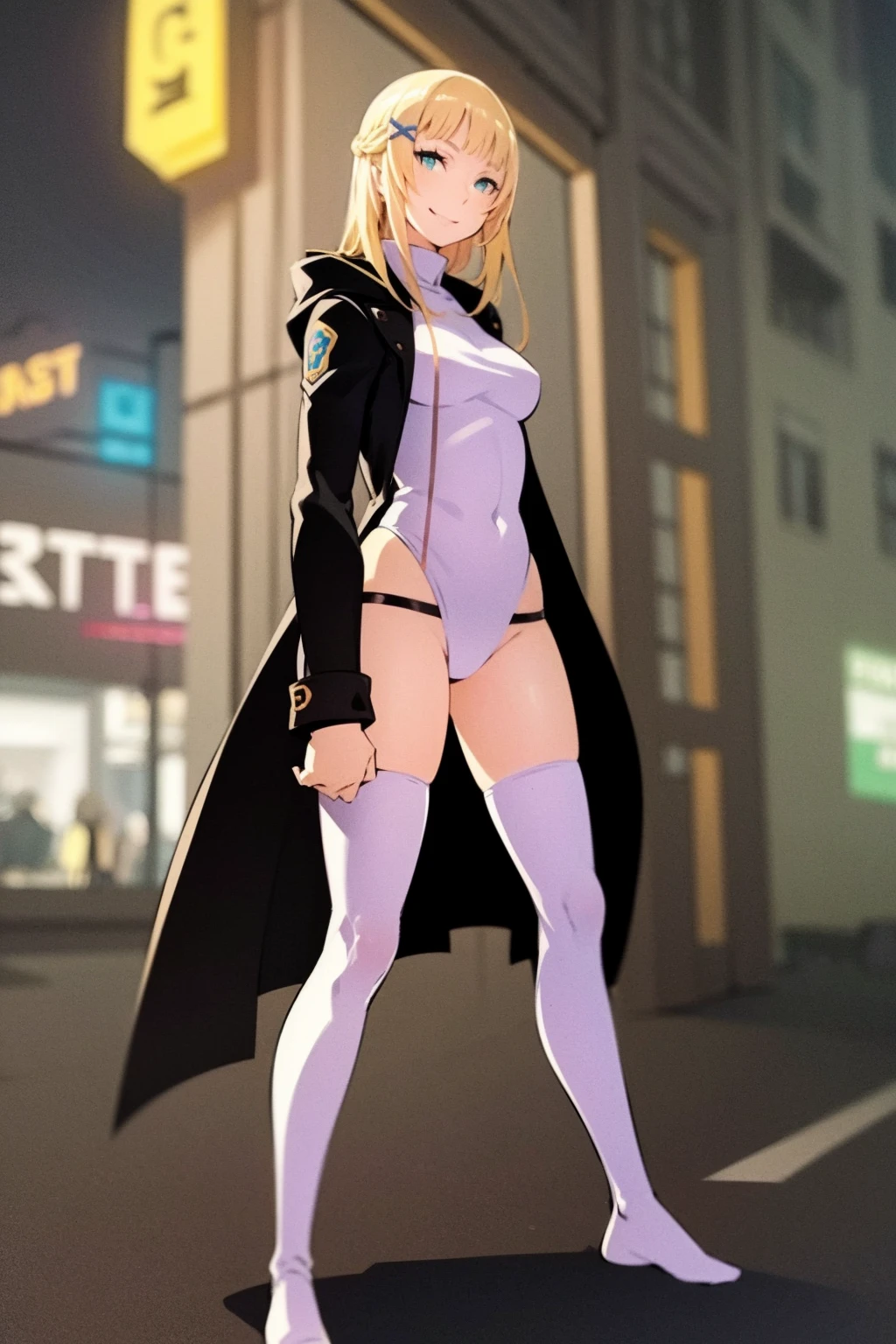 masterpiece, best quality, dakimakura, 1girl, feene, blonde hair, long hair, hairclip, blue eyes, smile, shirt, long sleeves, coat, full body, standing, contrapposto, looking at viewer, cyberpunk, solo, neon light, night, cyberpunk city background <lora:FeeneGlass:1>