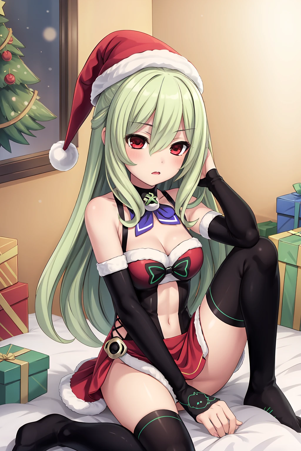 1girl, chika, <lora:ChikaHyperdimensionNeptunia:0.75>, christmas outfit, santa hat, sitting