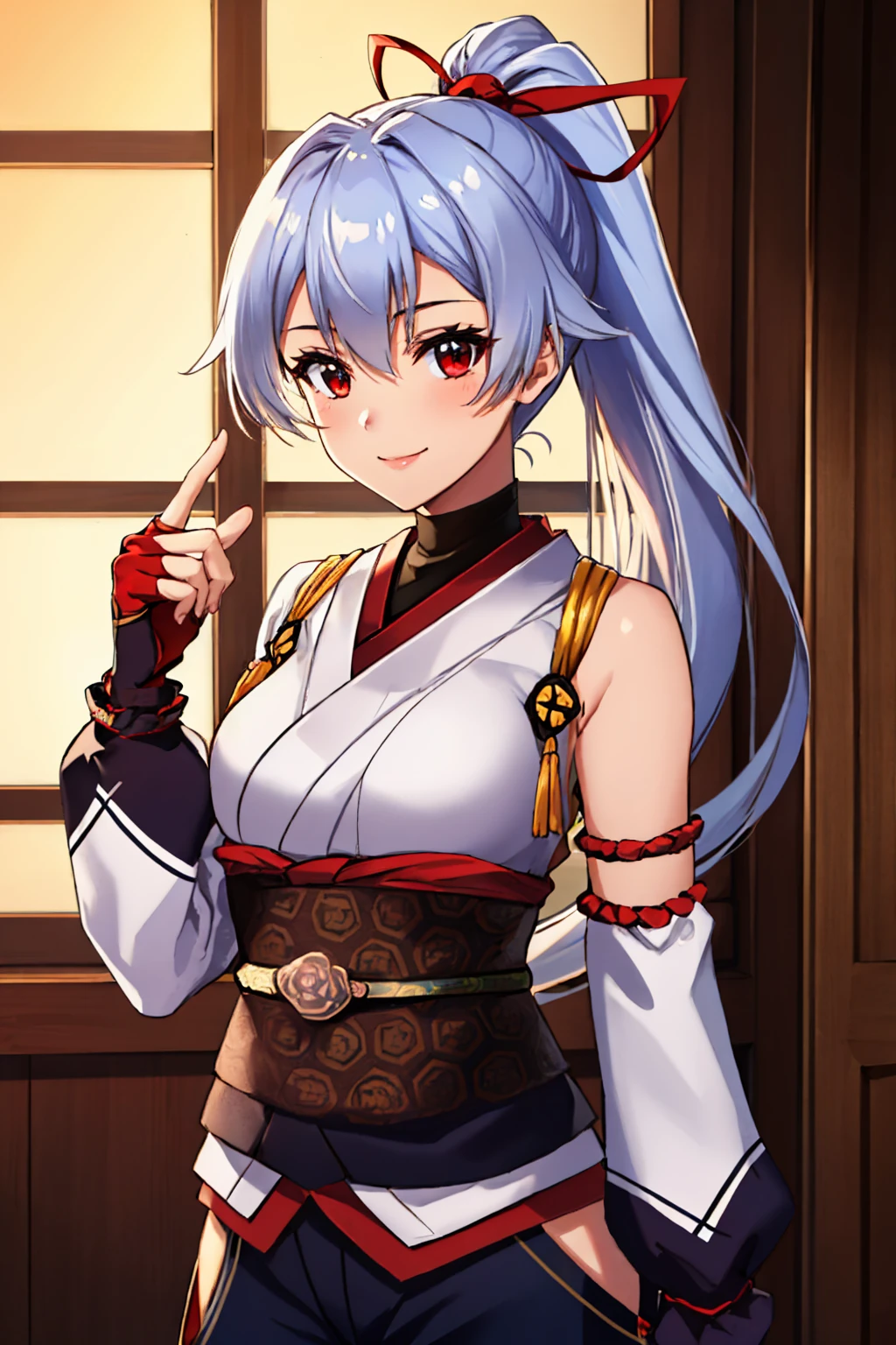 (masterpiece, best quality:1.2), solo, 1girl, tomoedef, smile, looking at viewer, ponytail, hair ribbon, japanese clothes, kimono, sash, obi, armor, detached sleeves, red gloves, fingerless gloves, hakama pants, hip vent <lora:fate_tomoegozen-17:1>