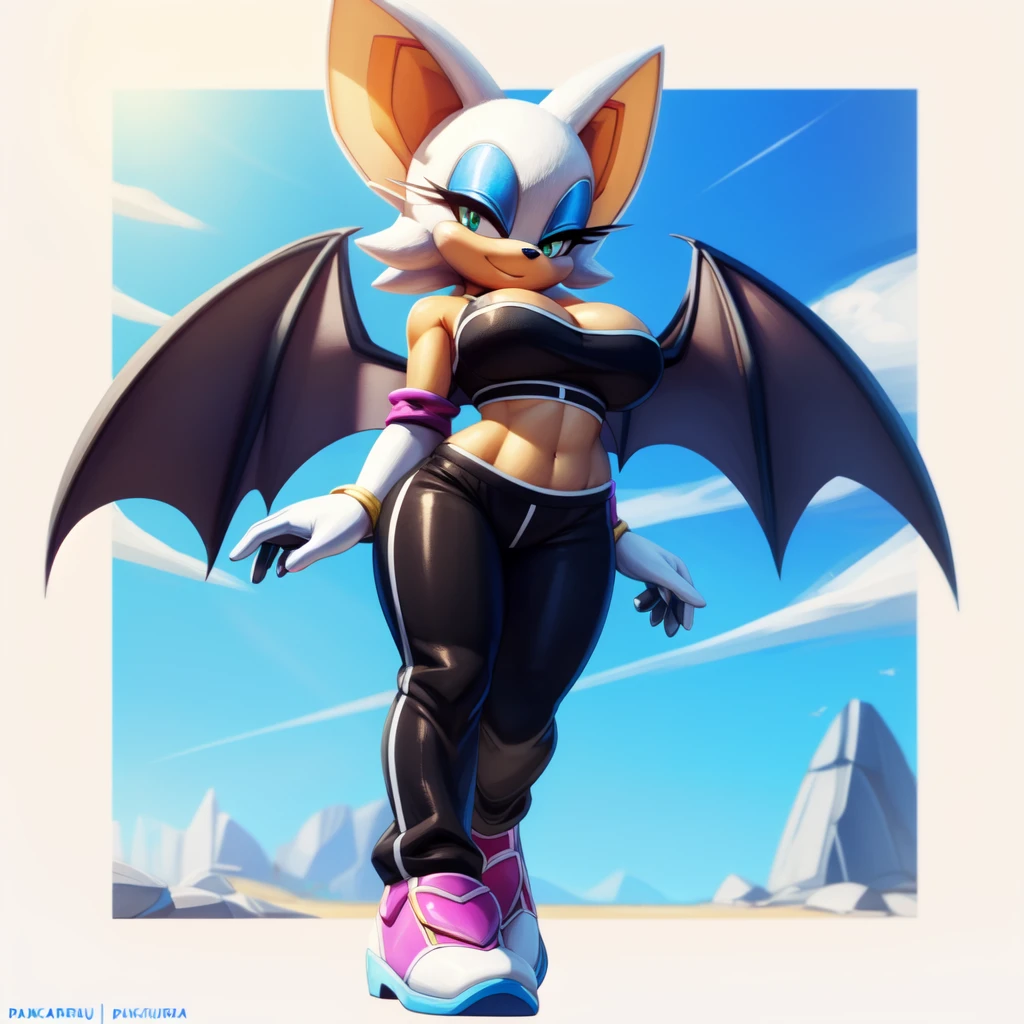 (uploaded on e621), (((by pixelsketcher, by hyoumaru, by pakwan008))), detailed background, detailed, perfect hands, 5 fingers, ((ultradetailed, highest quality, 8k uhd, raw photo)), (full body shot, masterpiece, best_quality, ultra-detailed, immaculate:1.3), <lora:RougeTheBat2A:1>, 1girl, solo, breasts, looking at viewer, smile, large breasts, simple background, gloves, white background, animal ears, cleavage, bare shoulders, standing, full body, white hair, wings, shoes, pants, white gloves, crop top, makeup, transparent background, black pants, half-closed eyes, bat wings, furry, eyeshadow, furry female, animal nose, blue eyeshadow, bat ears, Rouge the bat, beautiful green eyes, black sports bra, yoga pants,