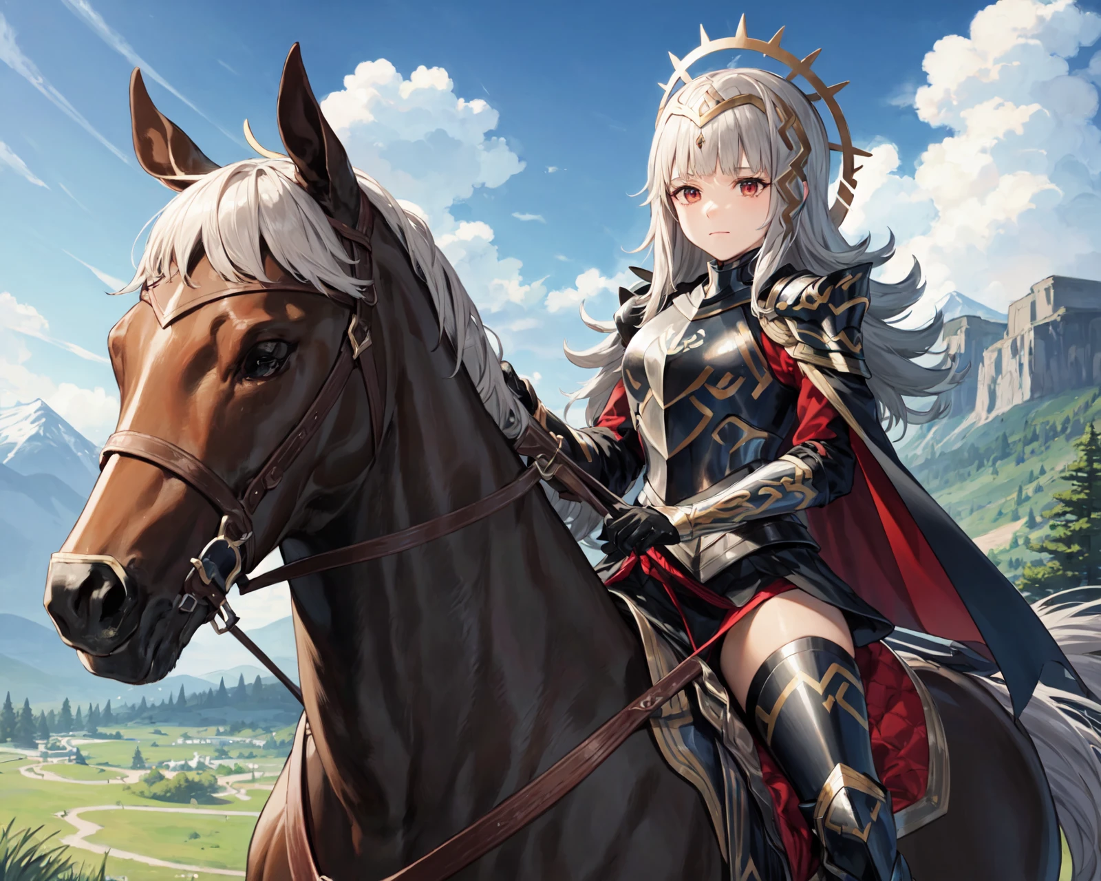 mature female, white hair, gold plated armour , bikini, big breasts, panties, war, battlefield, horses, fighting, grass, plains,flags, blood, corpses, fire, ice, lighting, (dawn:0.6), torn clothes, knights, dynamic, cinematic, intricate details, ornate