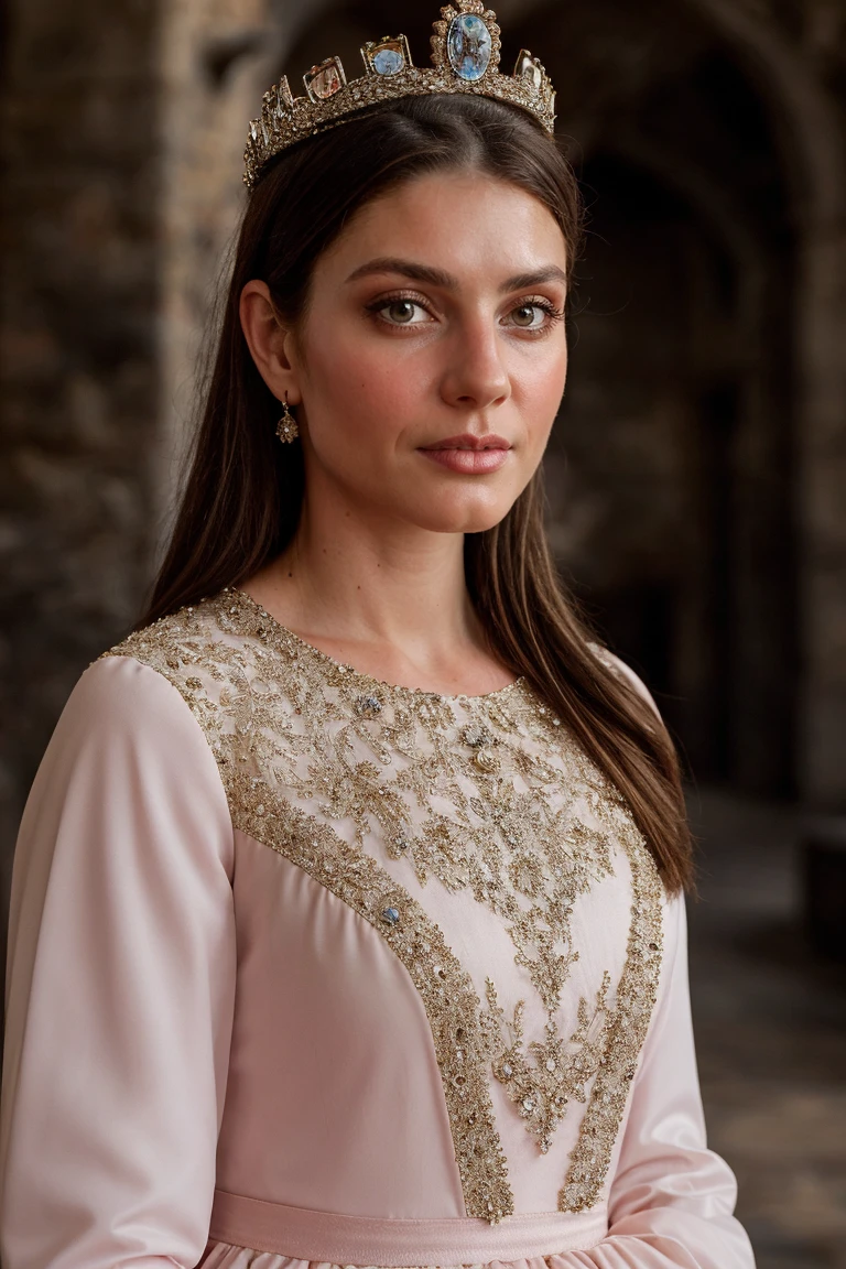headshot, medieval era, princess dress, crown, castle, soft colors, bokeh, masterpiece, high quality, (high detailed skin:1.1)
<lora:carla_humphrey_lora_v01:1> 8carla