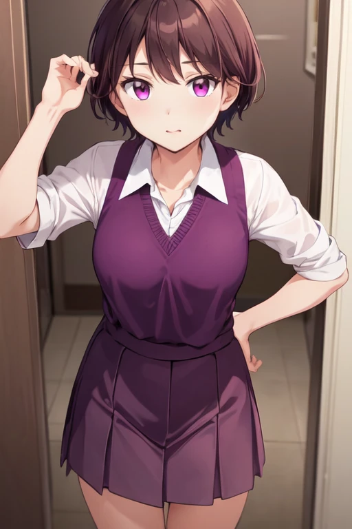 <lora:HinataOkanoR4:0.7>, HinataOkanoR4, brown hair, short hair, purple eyes,school uniform, simple background, masterpiece, highres, best quality,