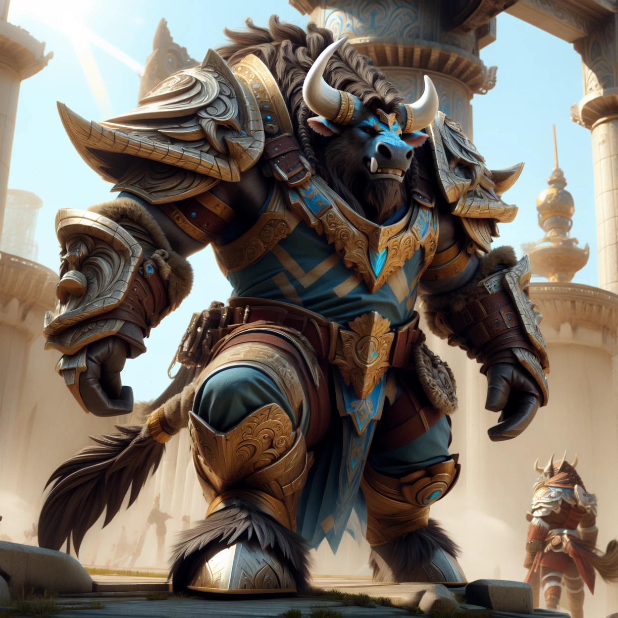 tauren, bull horn, thick neck, long muzzle, snaggle tooth, (3 fingers:1.5), hooves, paladin, armor, chest armor, shoulder armor, vambraces, standing, step pose, tail, tail tuft, solo, solo focus,
sunlight, day,
(4 fingers:-1.5), (5 fingers:-1.5),
<lora:tauren_wow_v1.2-000039:0.8>, <lora:macro_bear_V3_final:0.5>,