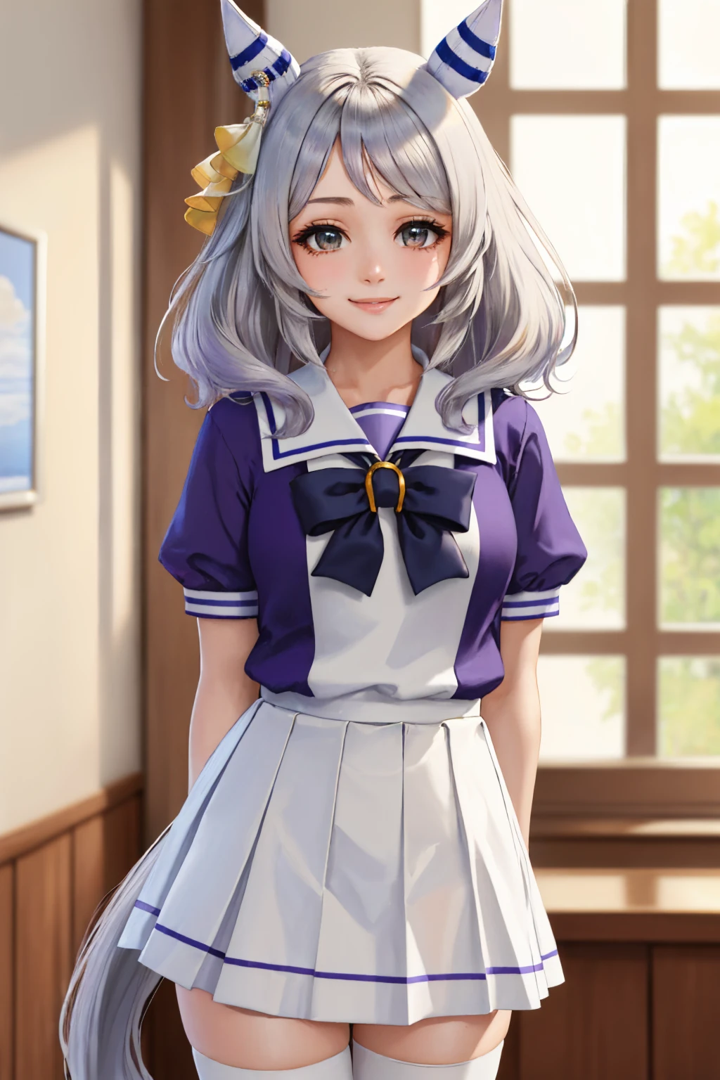 (masterpiece, best quality:1.2), solo, 1girl, hishi miracle, smile, looking at viewer, arms behind back, horse ears, hair ornament, tracen school uniform, purple shirt, puffy short sleeves, white skirt, thighhighs, horse tail <lora:umamusume_hishimiracle-11:1>