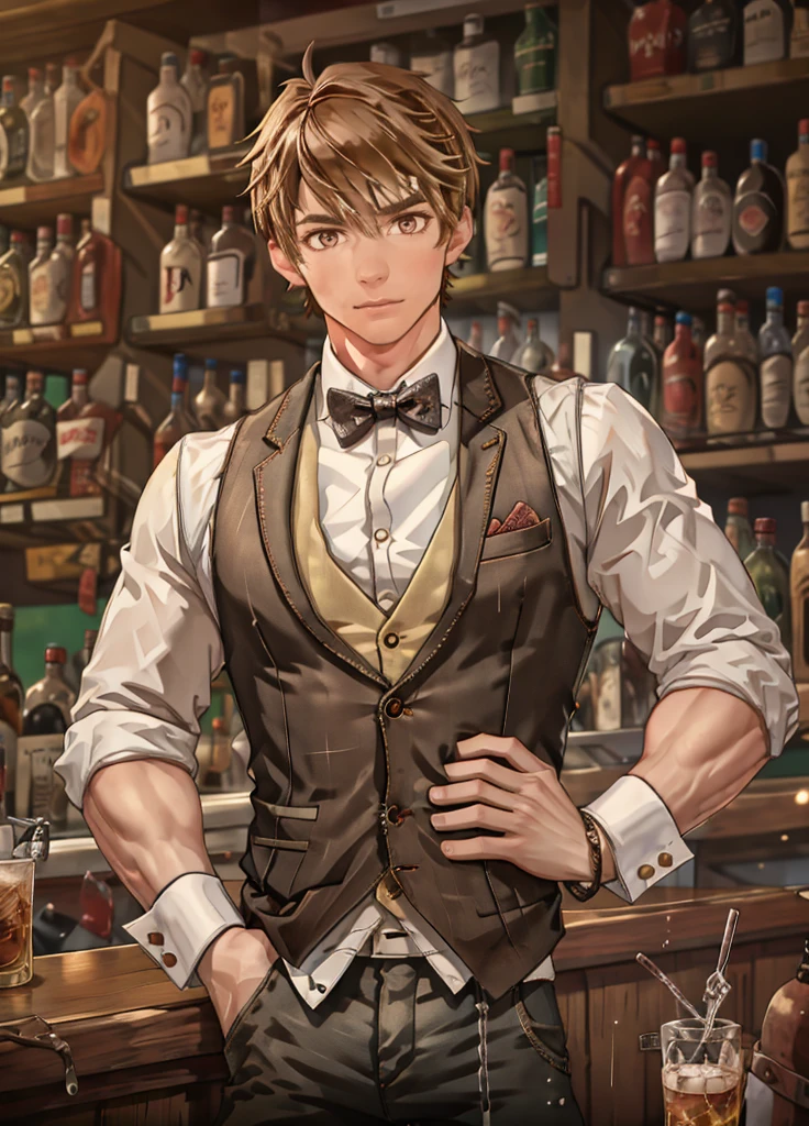 masterpiece,best quality, <lora:Luke_Pearce:1>,Luke_Pearce, <lora:Clothing - Sexy Bartender_v1.1:0.7>,sexybartender,vest,shirt,underwear/pants,bowtie,wrist cuffs,