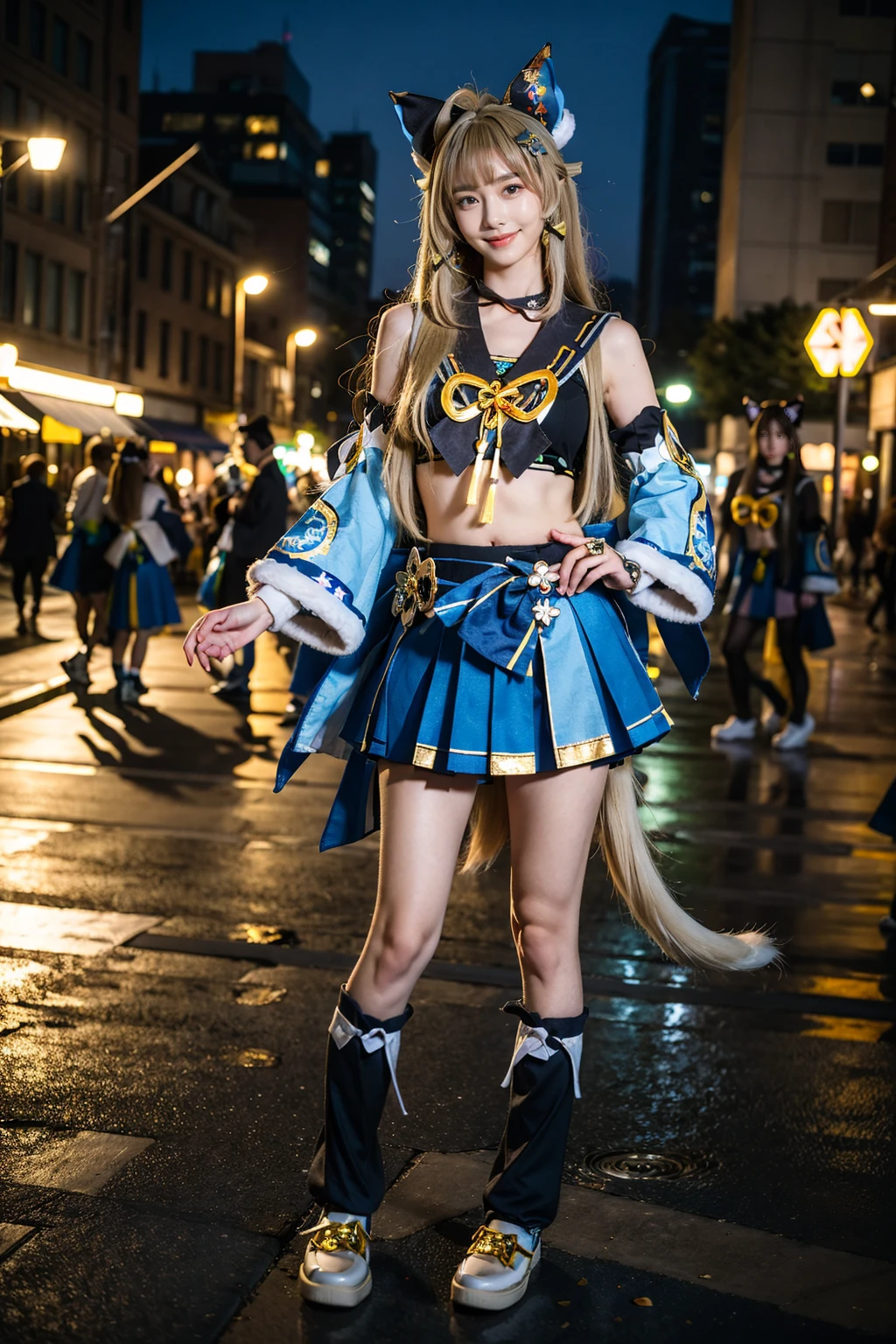 best quality, masterpiece, photorealistic, 1girl, solo, standing, full body, (looking at viewer:1.2), closed mouth, smile, kirara cosplay costume, kirara, cosplay, blonde hair, long hair, hair ornament, sailor collar, crop top, detached sleeves, skirt, cat ears, cat tail, animal ears, leg warmers, fur-trimmed shoes, <lora:genshin_Kirara_cosplay_v1:0.7>