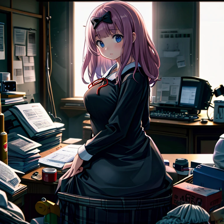 <lora:LCM_LoRA_Weights_SD15:1>,masterpiece,best quality,highly detailed,
<lora:fujiwara_chika_v1:0.75>,chika1,fujiwara chika,blunt bangs,black bow,neck ribbon,large breasts,school uniform,black dress,red ribbon,long sleeves,collared dress,
BREAK
<lora:messyHikikomoriRoom:0.4>,messy,messy room,trash bag,sitting on chair,computer,backlighting,