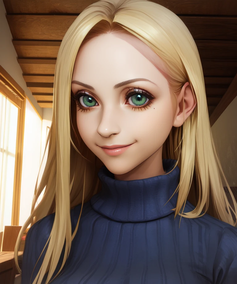 ellen,green eyes,blonde hair,long hair,
sweater,
standing,smile,
bedroom,attic,
(insanely detailed, beautiful detailed face,beautiful detailed eyes, masterpiece, best quality)   solo,<lora:ellen:0.7>,