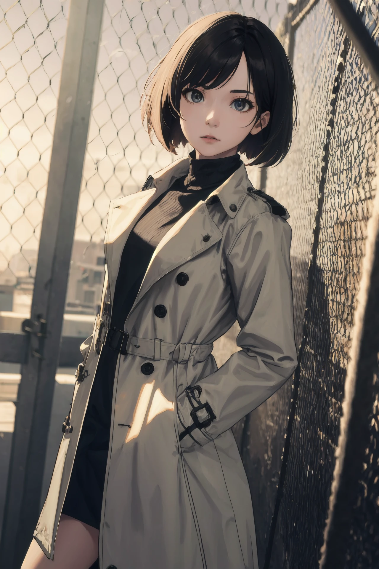 (best quality, masterpiece, highres),1girl,solo,short hair wig,trench coat,aiguillette,sigma 12-24mm,
<lora:chain-link fence_v1.05:1>,chain-link fence,angle shot,