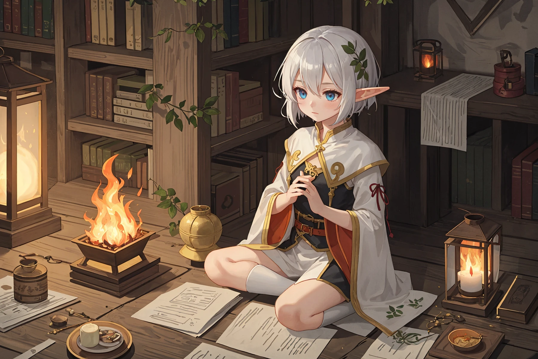 1girl, elf, tomboy,
fire, sitting on floor, Paper lantern, fantasy, fantasy clothes, adventurer, class: summoner
white sleek hair hair