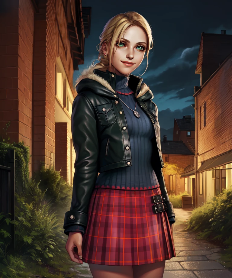 ellen,green eyes,single braid,blonde hair,
sweater,leather jacket,necklace,small red earrings,pleated skirt,
standing,smile,
night,
(insanely detailed, beautiful detailed face,beautiful detailed eyes, masterpiece, best quality)   solo,<lora:ellen:0.8>,