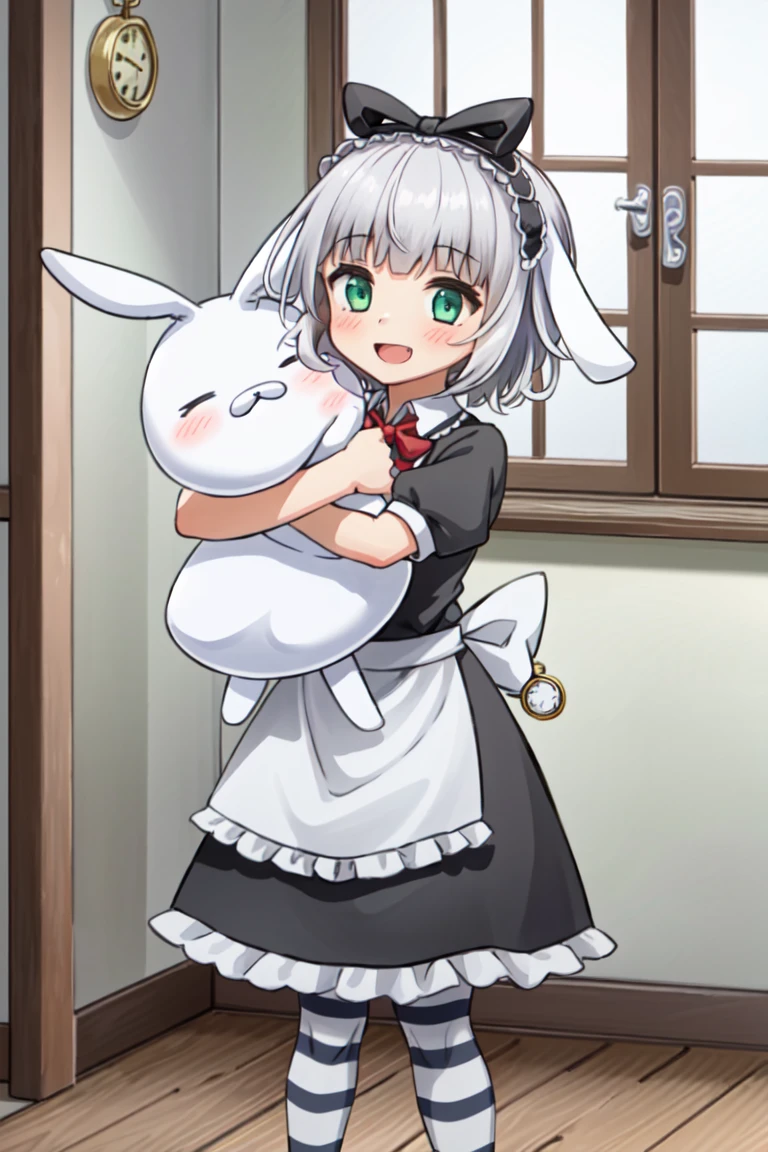 <lora:Irisu-000008:0.8>, irisu, 1girl,solo, grey hair, green eyes, short hair, rabbit ears, maid, maid apron, maid headdress, pocket watch, bow, striped legwear, red bowtie, smile, blush, indoors, standing, (holding rabbit), (rabbit), animal hug, happy, :d, masterpiece, best quality,