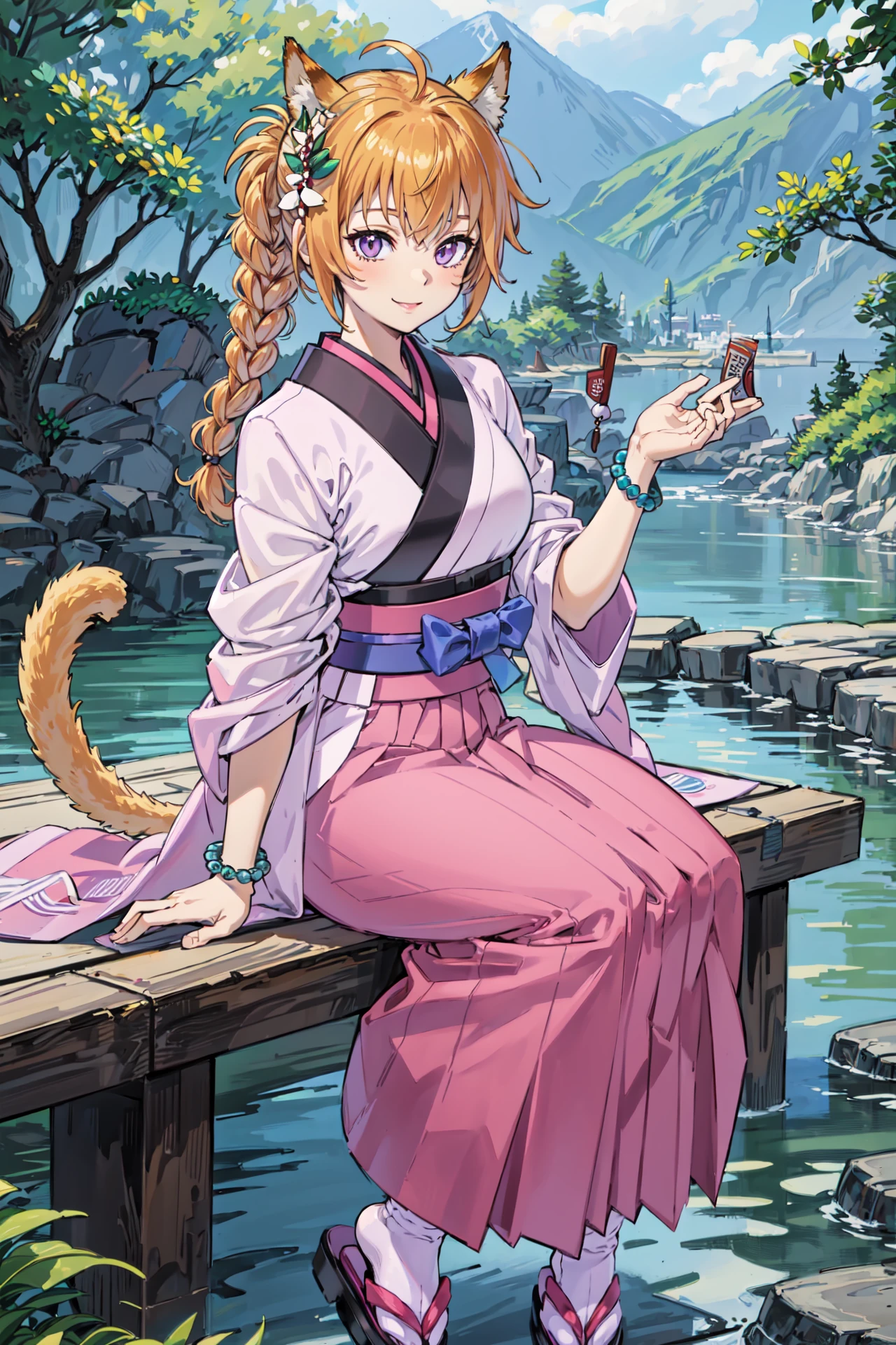 sitting,<lora:lyreV1:0.85>,new_lyre, single braid, cat tail, japanese clothes, bracelet, looking at viewer, smile, kimono, jewelry, tabi, hakama skirt, sandals, gradient clothes,short sleeves, sash, wide sleeves, obi, white socks,bead bracelet, shimenawa , outdoors,(masterpiece, best quality, ultra-detailed, best shadow)