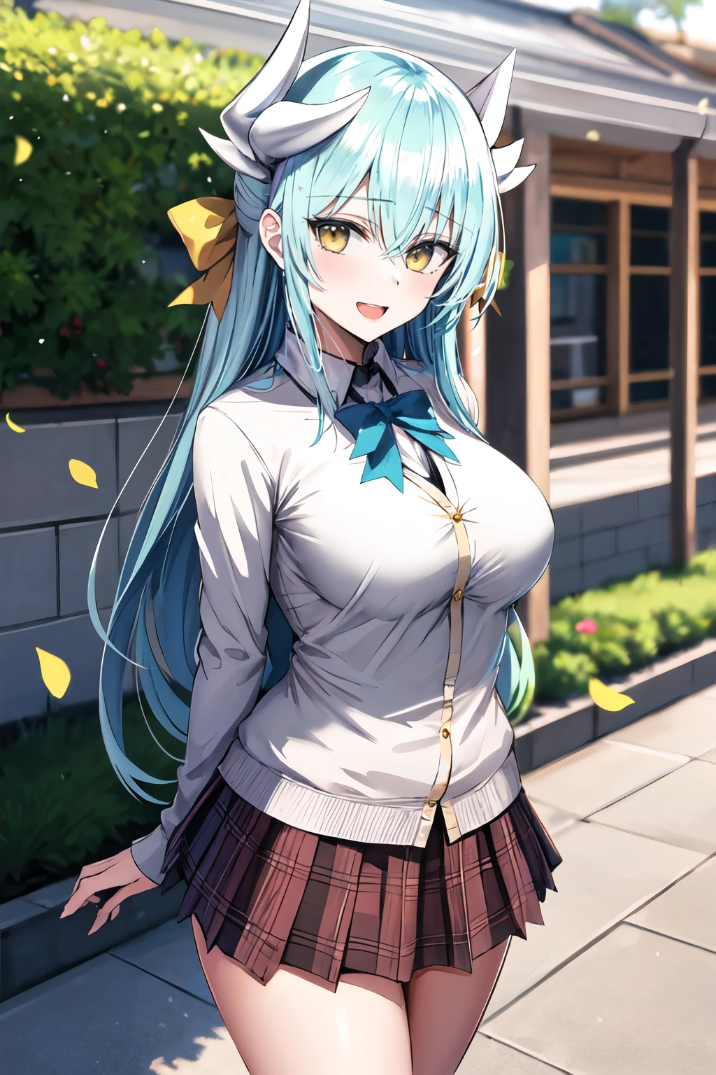 masterpiece, best quality, highres, aakiyo, long hair, aqua hair, white horns, hair bow, yellow bow, yellow eyes, <lora:kiyohime_(lancer)_v1:0.7>, cardigan, plaid skirt, arms behind back, smile, open mouth, petals, outdoors, big breasts <lora:hanasaka-houcha-Style-v1_525004:1>