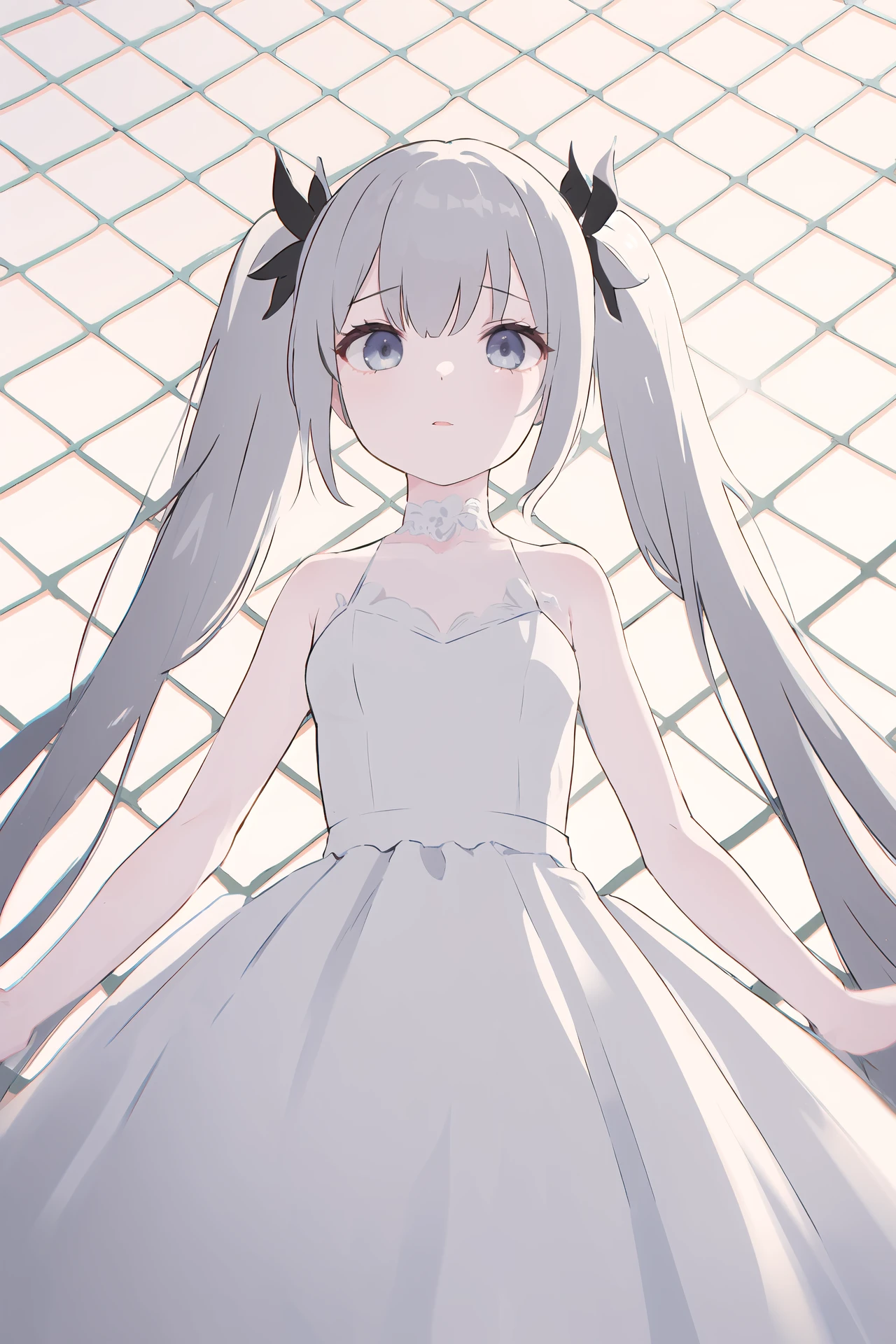 (best quality, masterpiece, highres),1girl,solo,twintails,ballgown,looking at another,zeiss milvus 50mm,from below,
<lora:chain-link fence_v1.05:1>,chain-link fence,