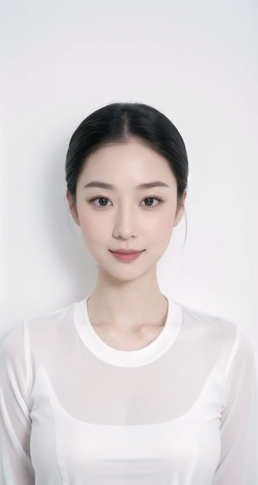 masterpiece,best quality,1girl,white background,black hair,Slicked Hair,face front,emotional face,full_body,studio light,studio,side light,makeup portrait,face in center,medium breasts,white skin,shiny skin,model,<lora:cc:0.5>,smile,