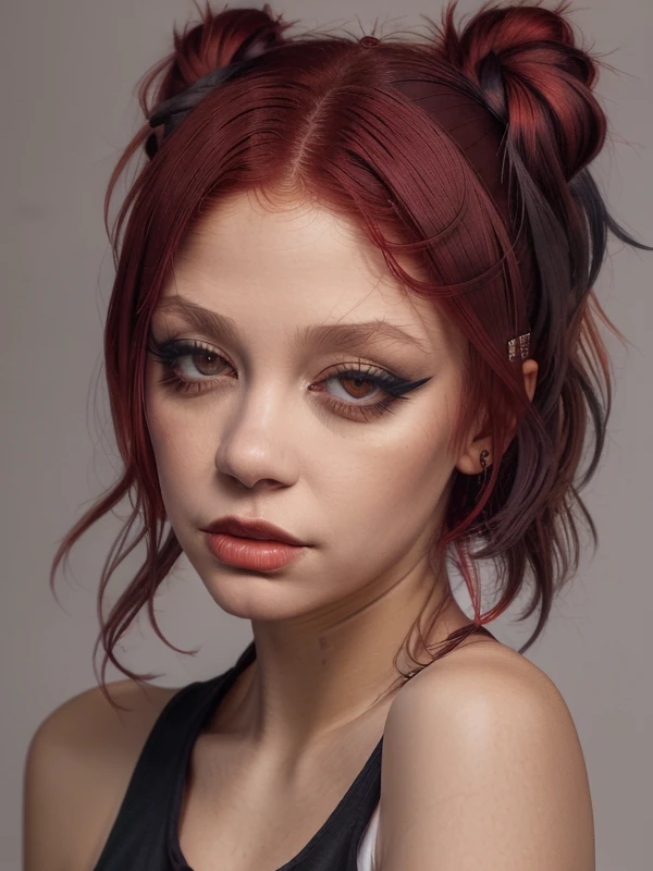 gquality, <lora:taichu:1> taichu, 1girl, solo, simple background, looking at viewer, red hair, portrait, parted lips, realistic, sleeveless, sleeveless shirt, black background, eyeshadow, eyelashes, makeup