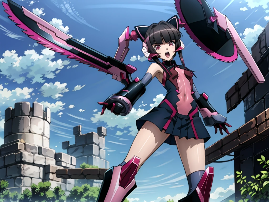 best quality, extremely detailed cg, pink glow, prosthetic hands holding huge chainsaw, shulshagana, twintails, shirabe, shouting, angry, sky ruins, <lora:G-ShirabeV3:1>