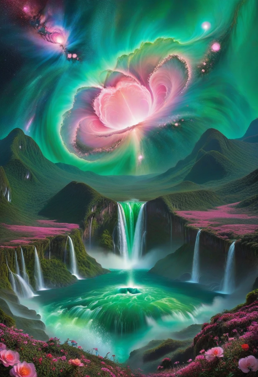 Amidst a sea of swirling galaxies, a lone, vibrant planet floats, its surface a masterpiece of nature's art. Cascading waterfalls of liquid diamond plunge into jade-green oceans, while mountains sculpted from rose quartz touch the sky. Above, a nebula blooms like a cosmic flower, showering the scene in a kaleidoscope of light.